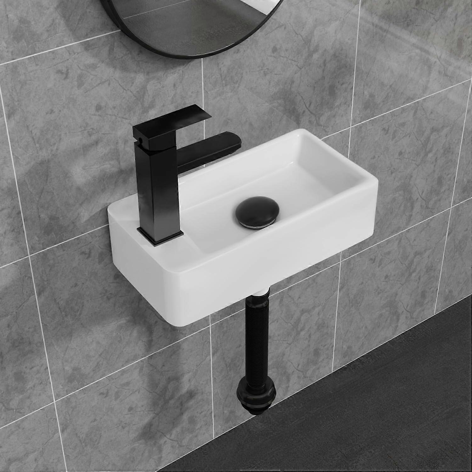 Wall Mounted Bathroom Sink, 14'x7' Small Rectangular Ceramic Vessel with Black Faucet and Drain Set