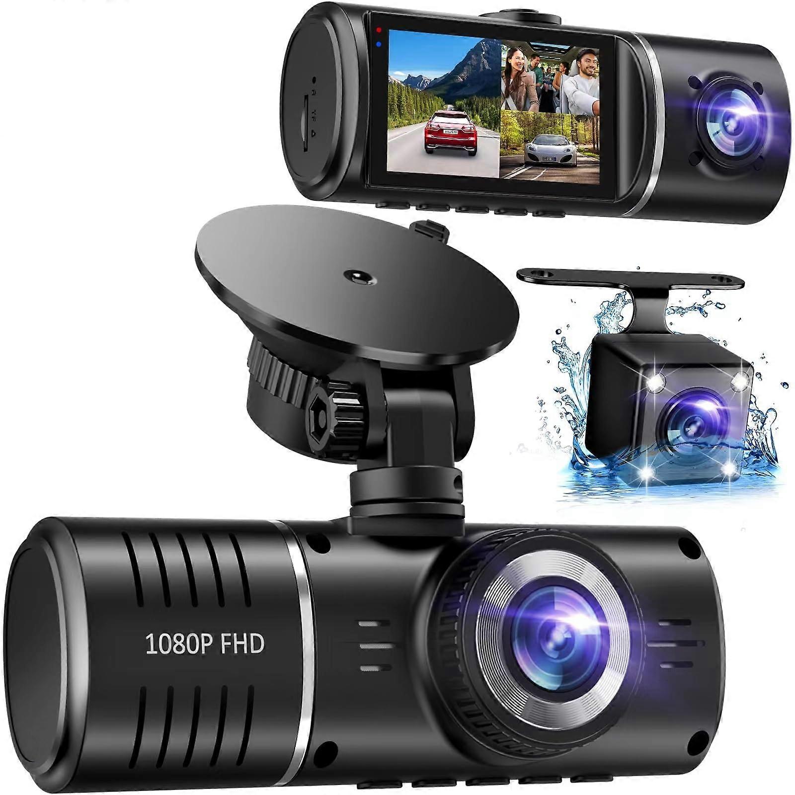 Dash Cam Front and Rear 3 Channel 1080P with Night Vision Parking Monitor GSensor 32GB Card