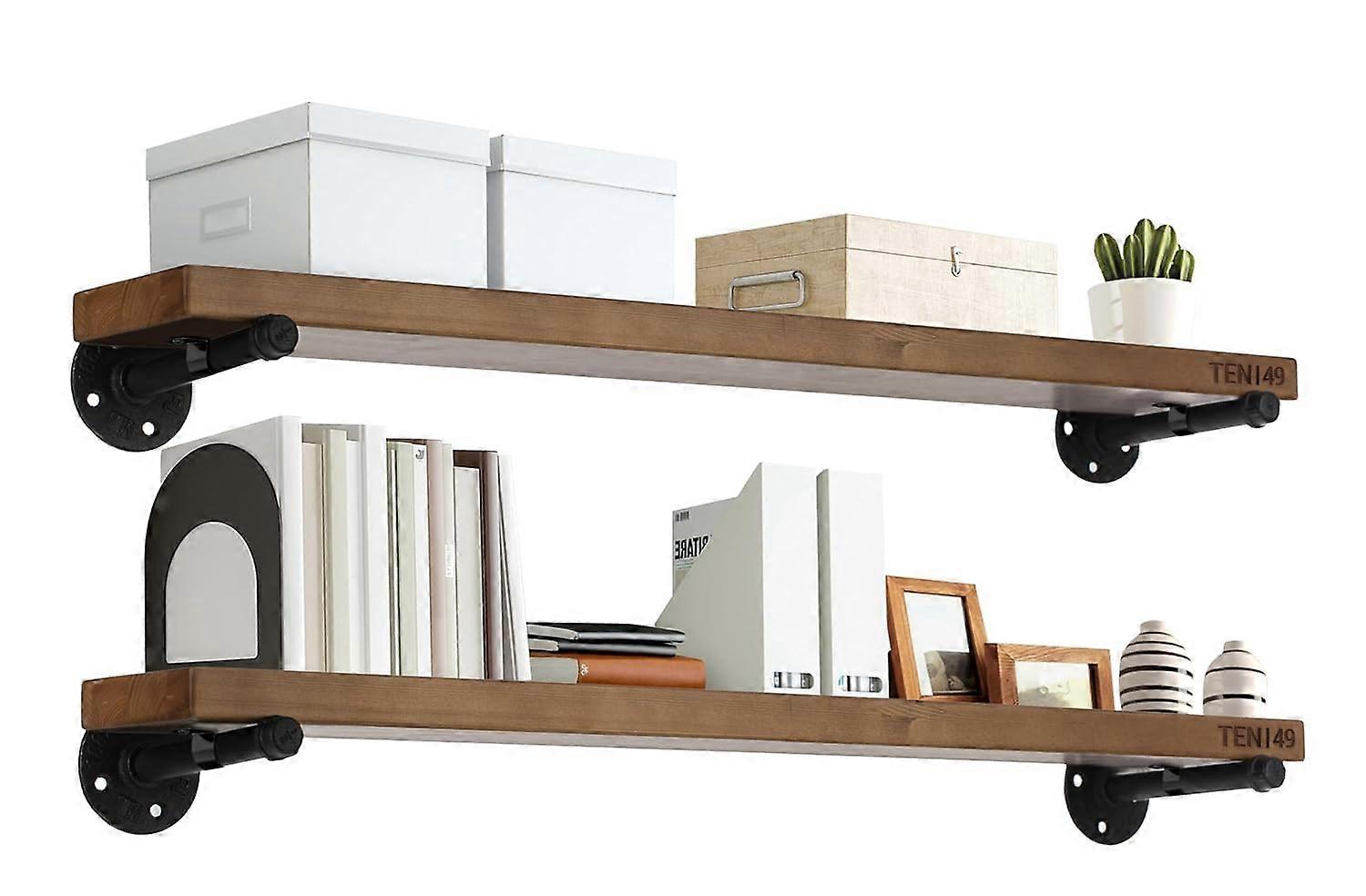 Floating Shelves Rustic Real Wood Wall Mounted Set of 2 Industrial Pipe HeavyDuty Dark Espresso