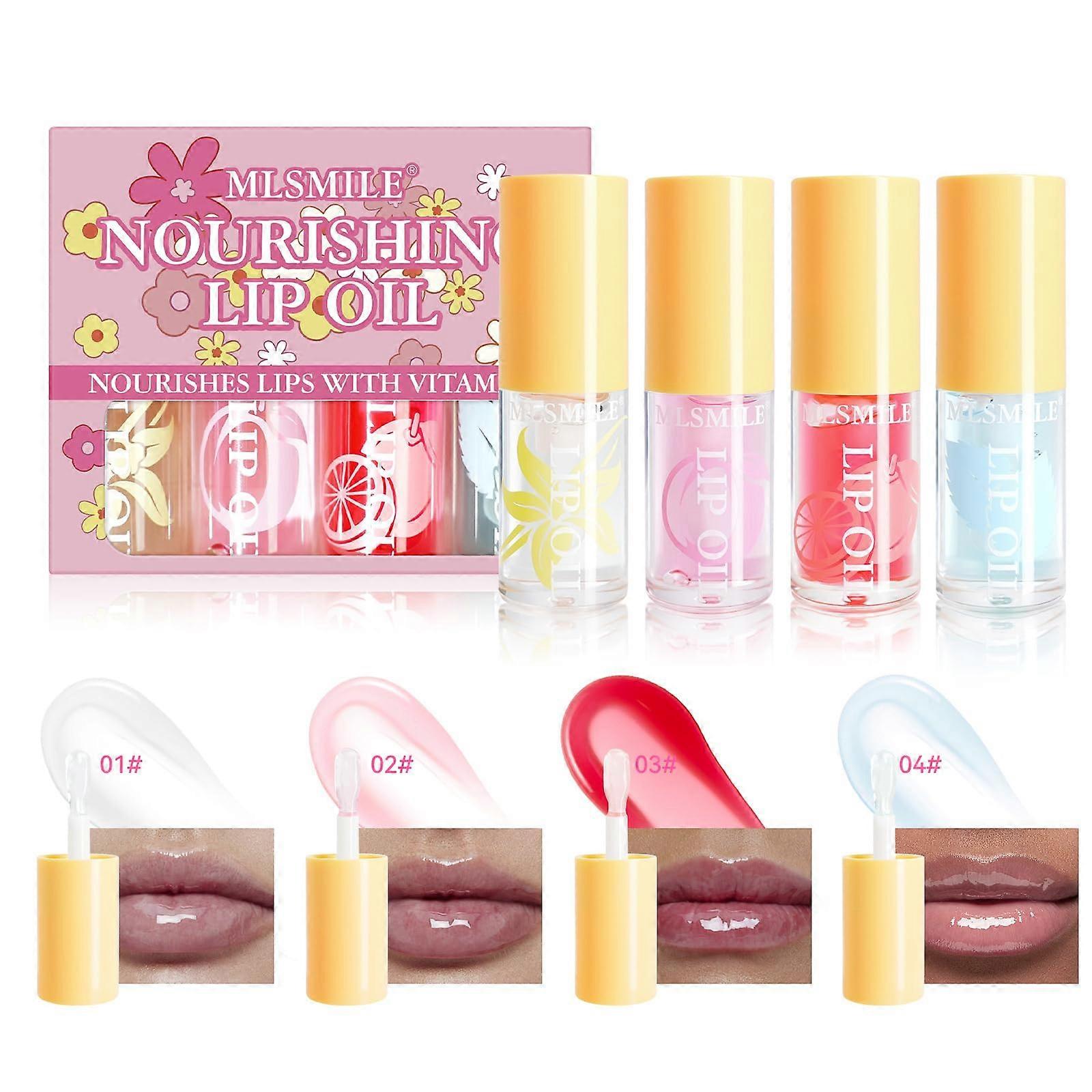 Hydrating Lip Oil Set with Fruit Extracts, 4Pcs Plumping Gloss for Deep Hydration and Shine