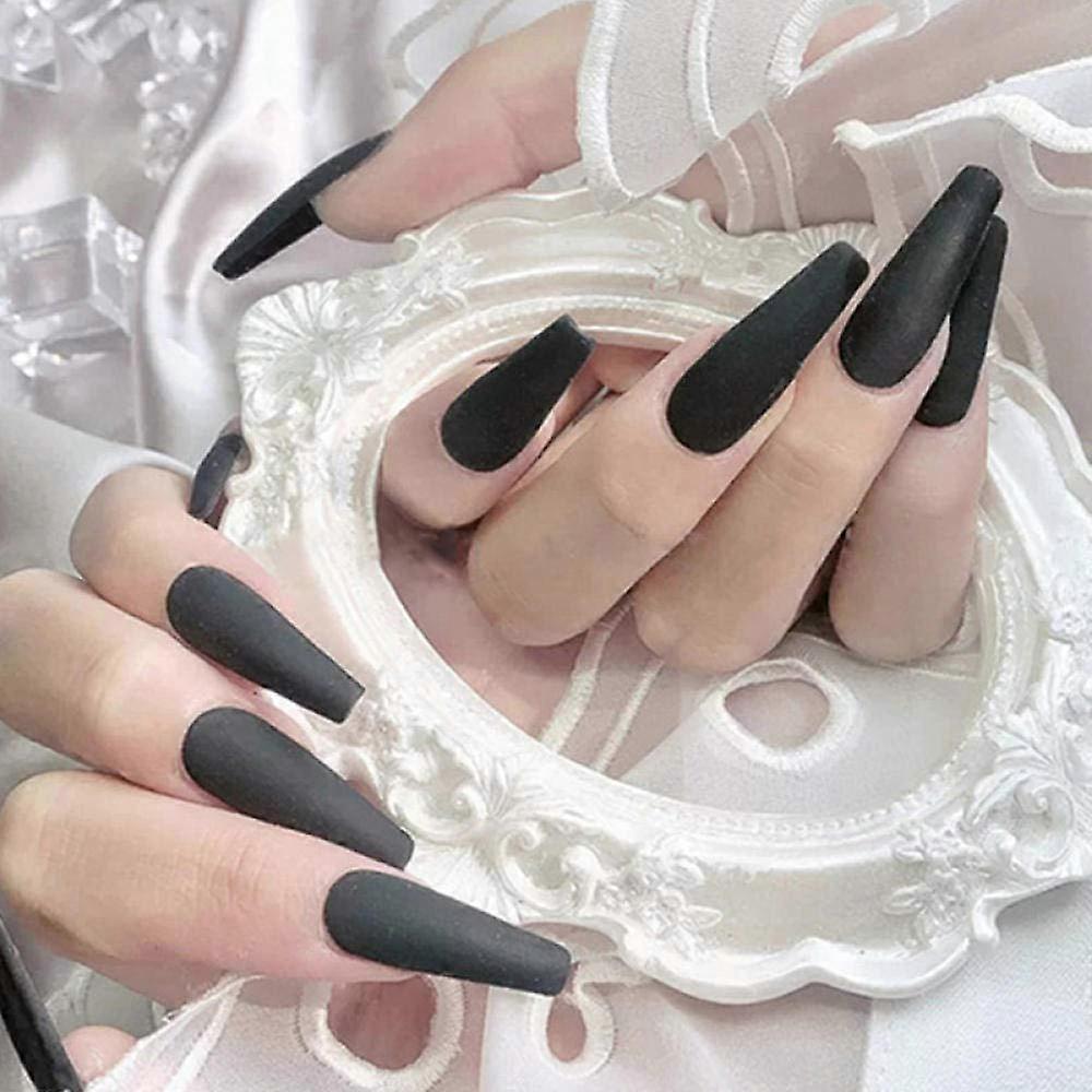 Long Black Matte Coffin False Nails Set with Reusable Full Cover Design and 12 Sizes