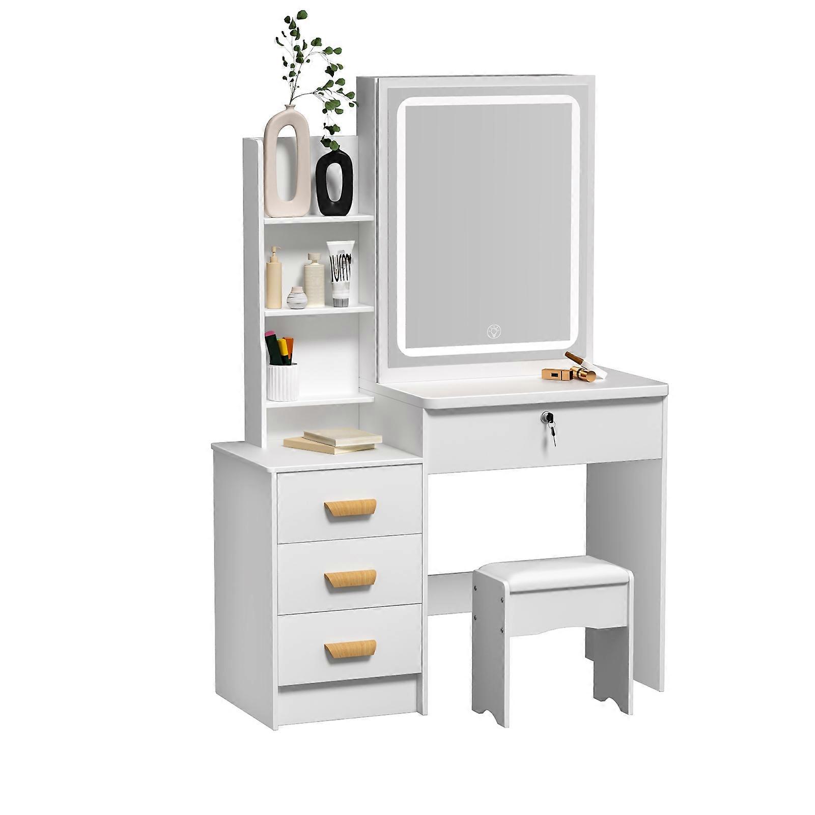 Litet sminkbord med stoppad pall, glidande spegel med belysning, sminkbord, 86x36x130cm