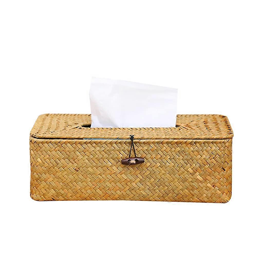 Rattan Tissue Box Cover Vintage Rectangular Woven Napkin Holder with Secure Elastic Closure