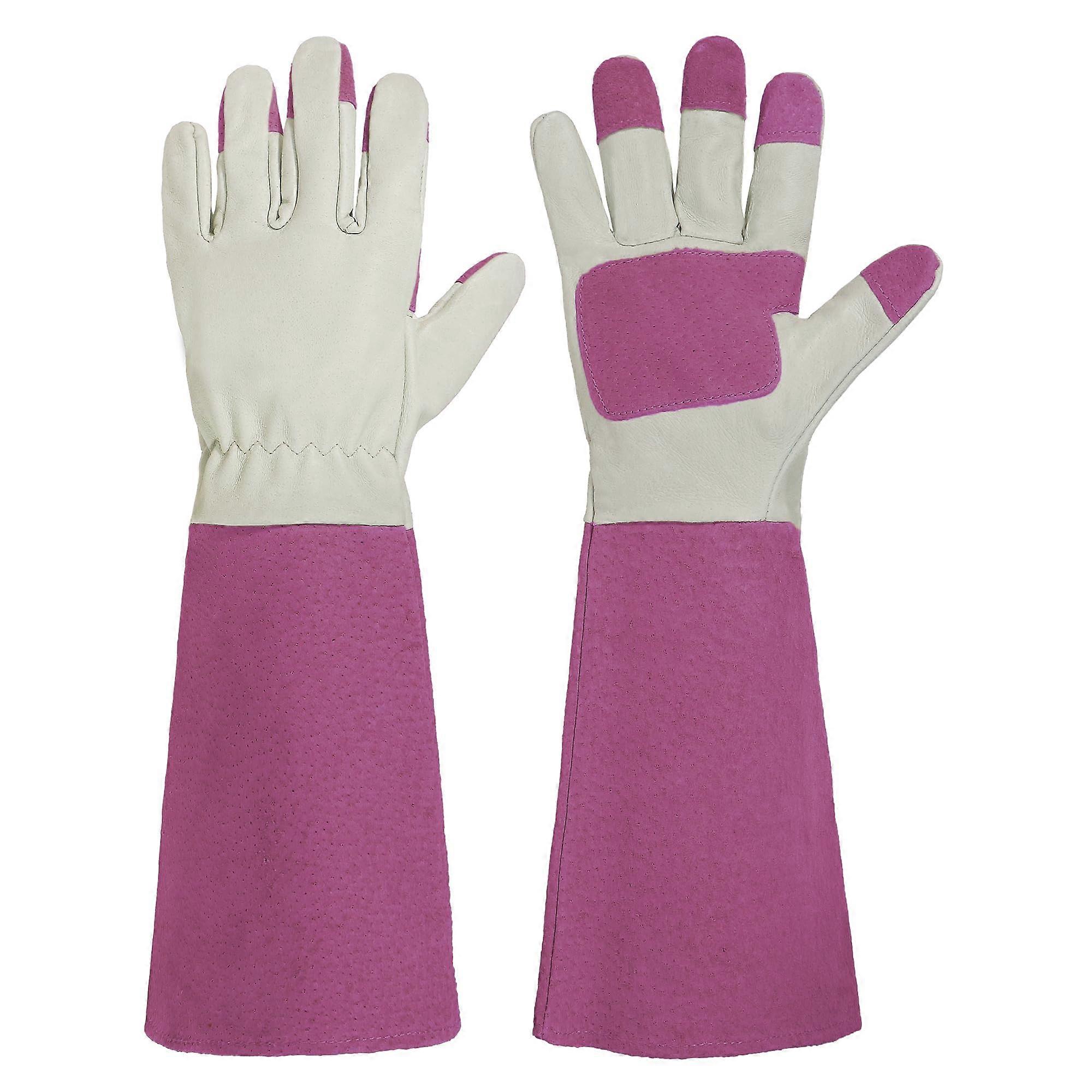 Rose Pruning Gloves Thornproof Pigskin Leather Long Gauntlet Forearm Protection Pink Medium