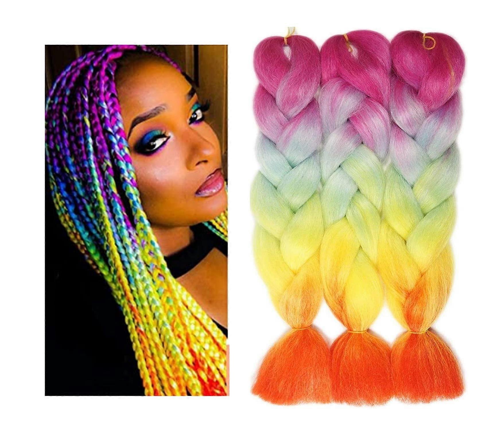 Extensões de cabelo sintético Jumbo para tranças, com efeito ombré arco-íris, 60 cm (24 polegadas), macio e resistente ao calor.