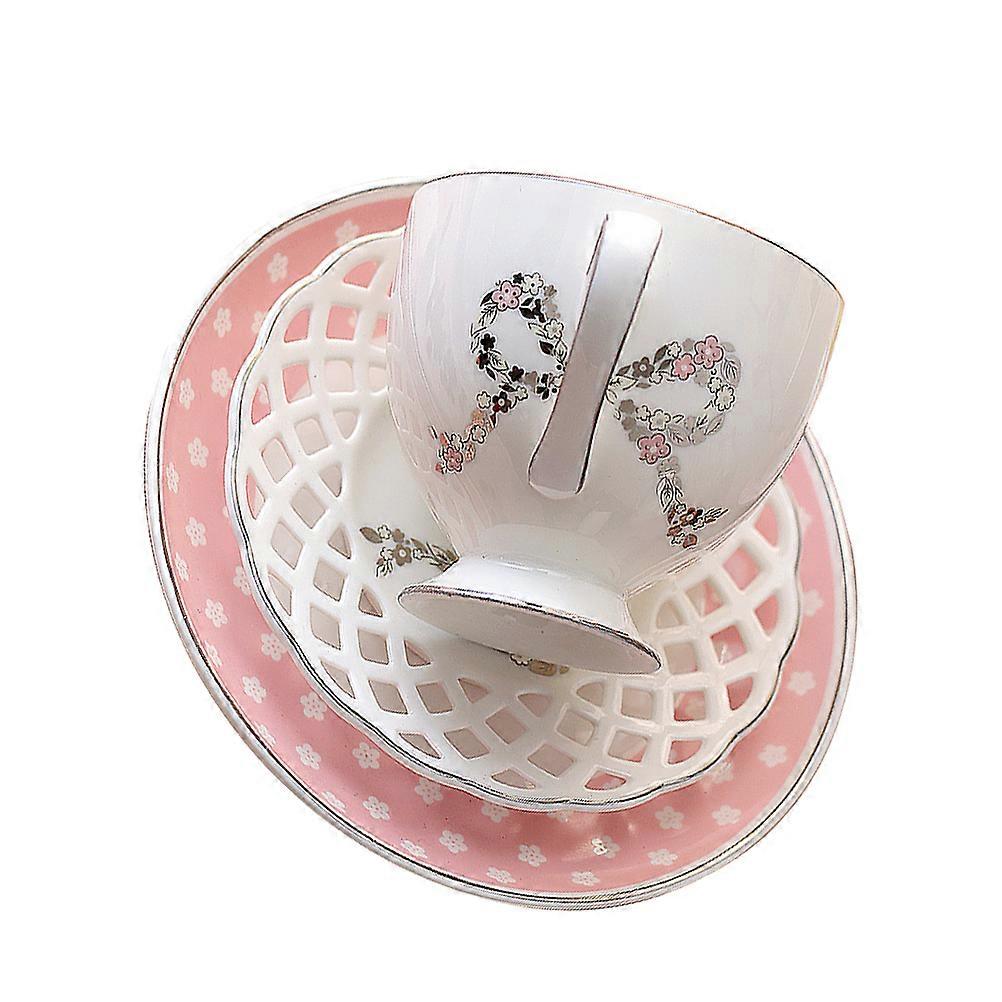 Porcelain Cup Set Curved Handle Round Plate Pink Tableware 1Set