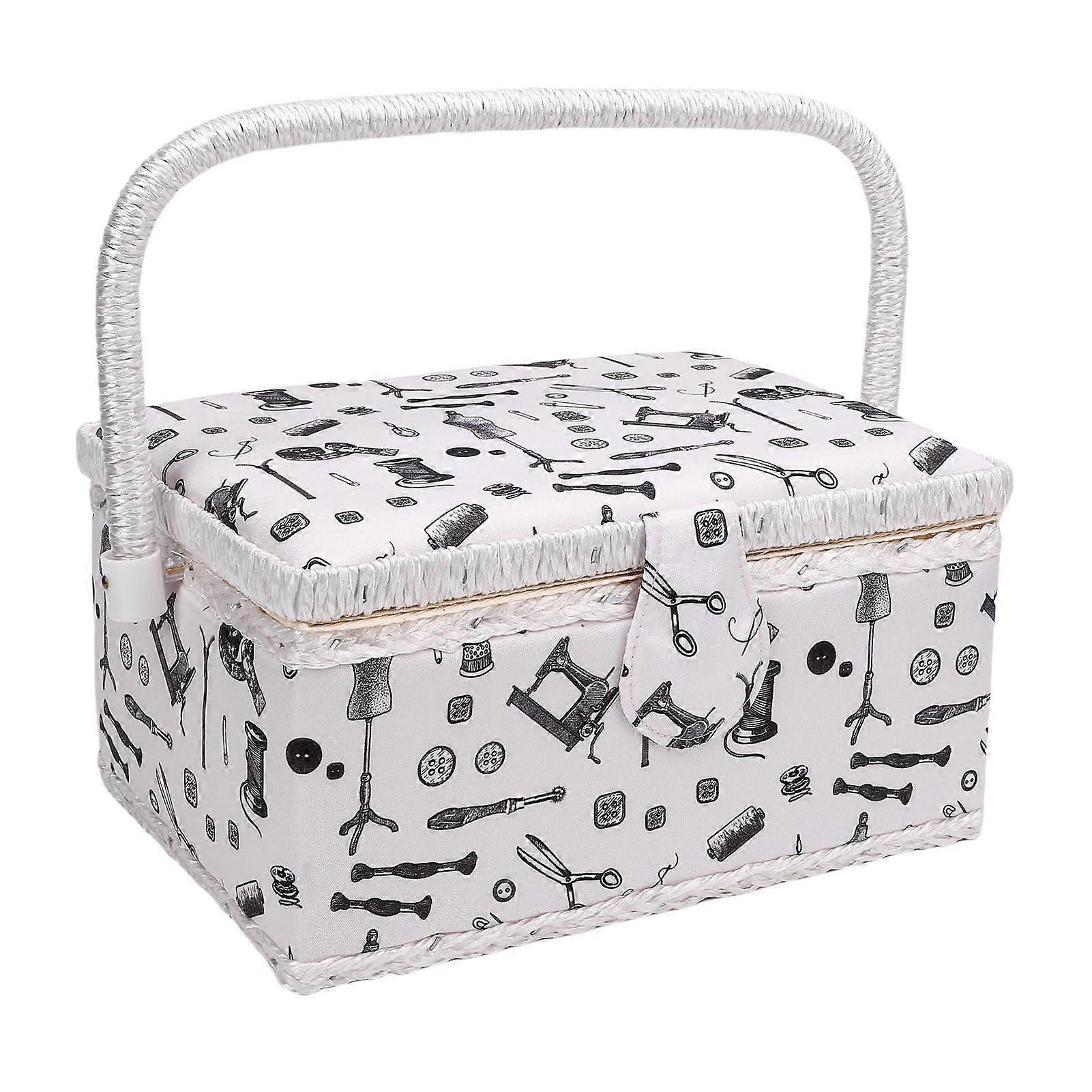 Large Sewing Kit Basket with Spacious Storage and Removable Tray Organizer for Threads and Needles