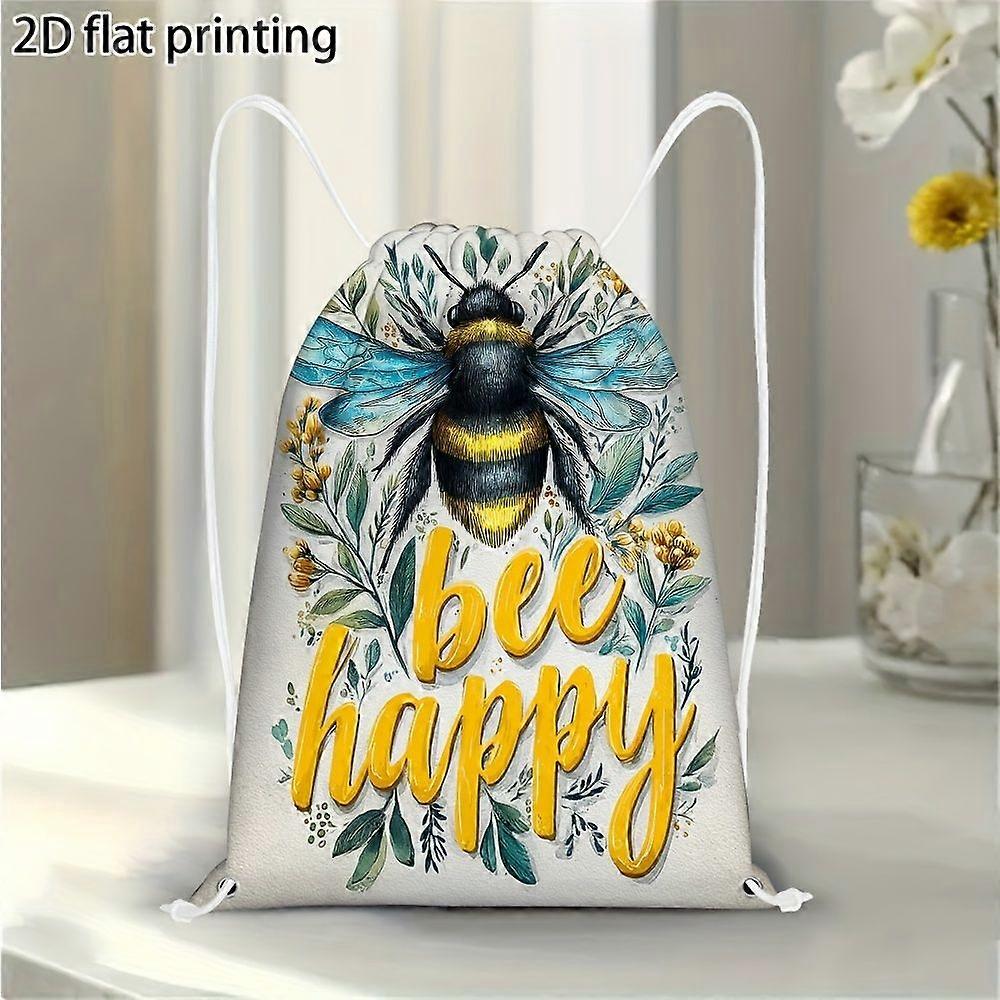 1pc Bee Happy Buzzing 2D Print Drawstring Backpack - Durable Softshell, Adjustable Drawstring Closure, Casual Pocket Des-Gqazw
