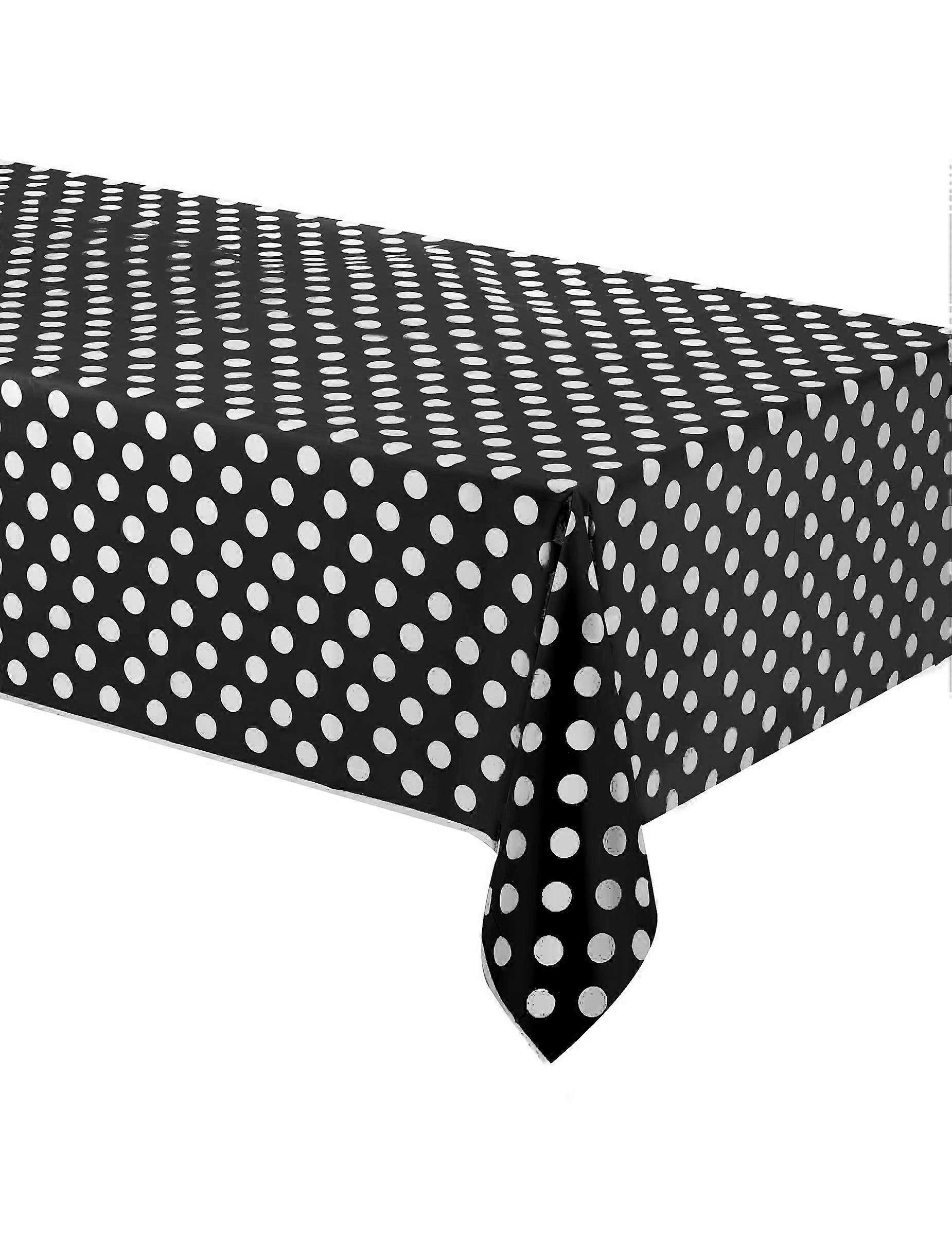Toalha de plástico preta com bolinhas brancas, retangular, 137 x 274 cm.