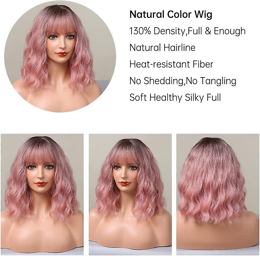 Pastel Wave Wig with Air Bangs Shoulder Length Wave Curly 12 Inch