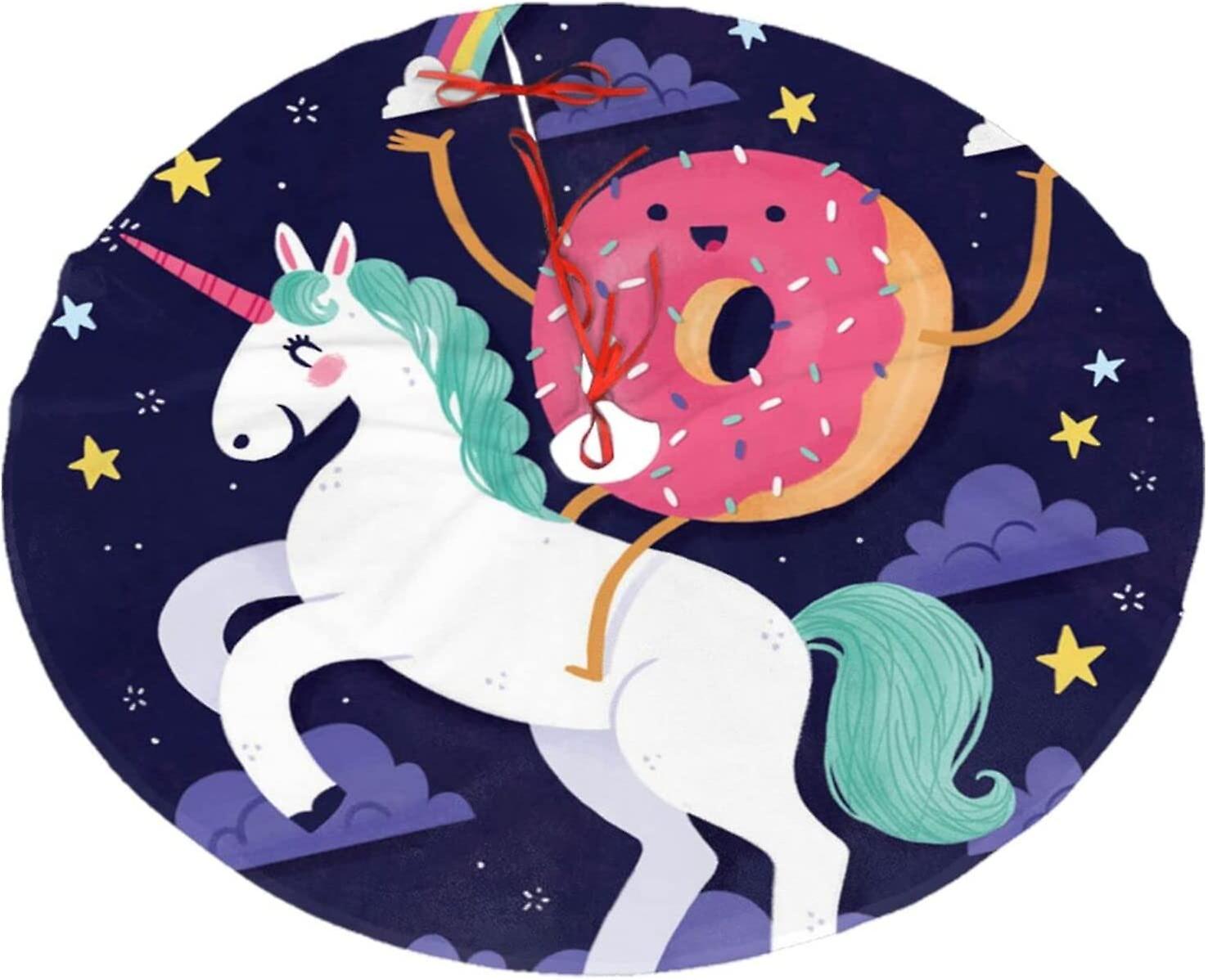 Christmas Tree Skirt Unicorns Doughnut Rainbow Christmas Decoration Plush Tree Skirt