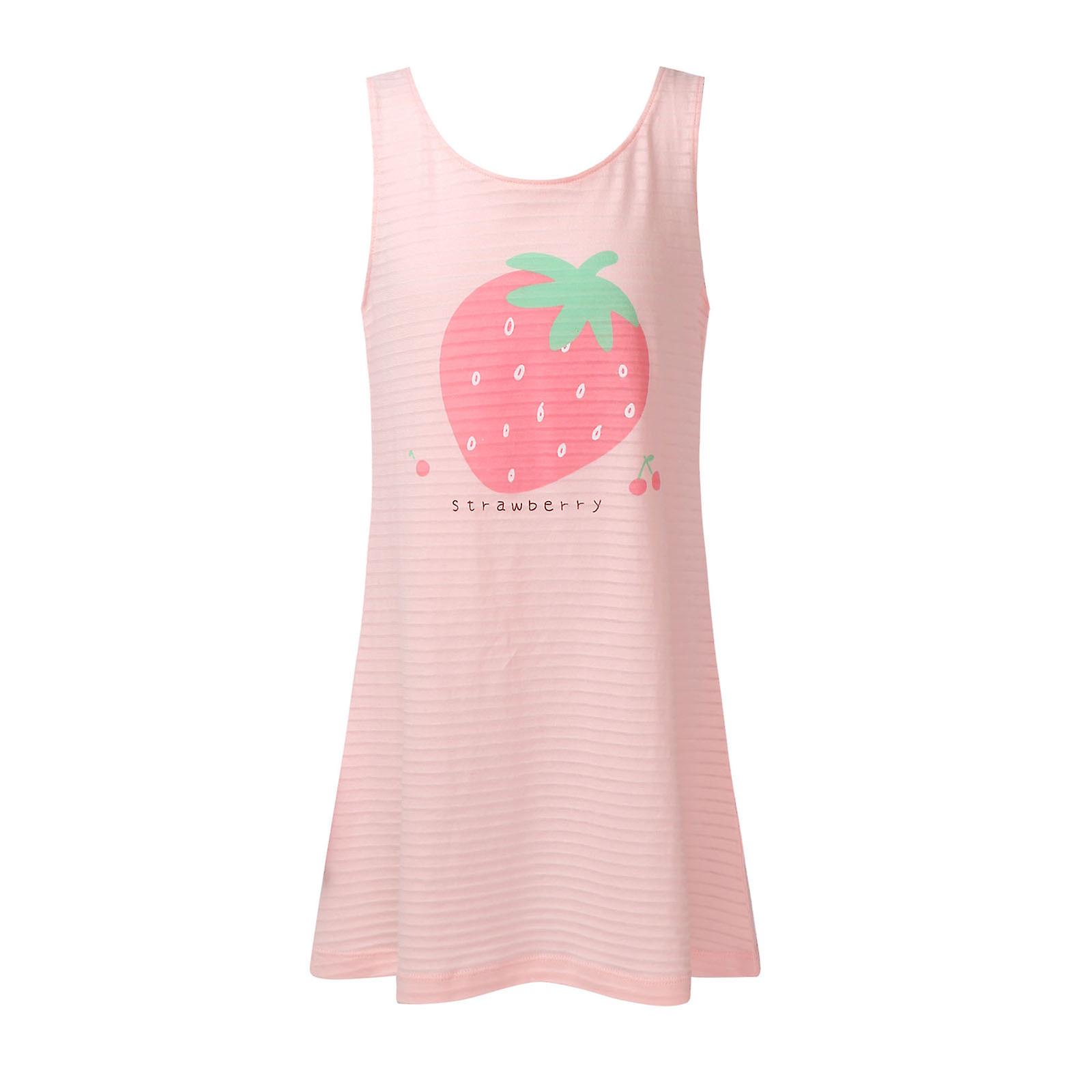 Yaz Kız Pijama Elbise Çocuk Pamuk Pijama Gecelik Yuvarlak Boyun Kolsuz Baskı Çilek ve Mektup Desen Uyku Elbise