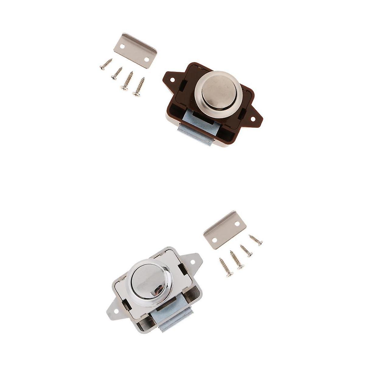 2x Push Button Latch Catch Locks for RV Cupboard Cabinet Door Brown+Silver