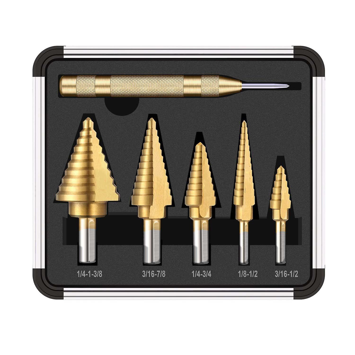 5Pcs Step Drill Bits 1 Auto Center Punch Titanium Coated Double Slot Tapered Drill Bit With Case