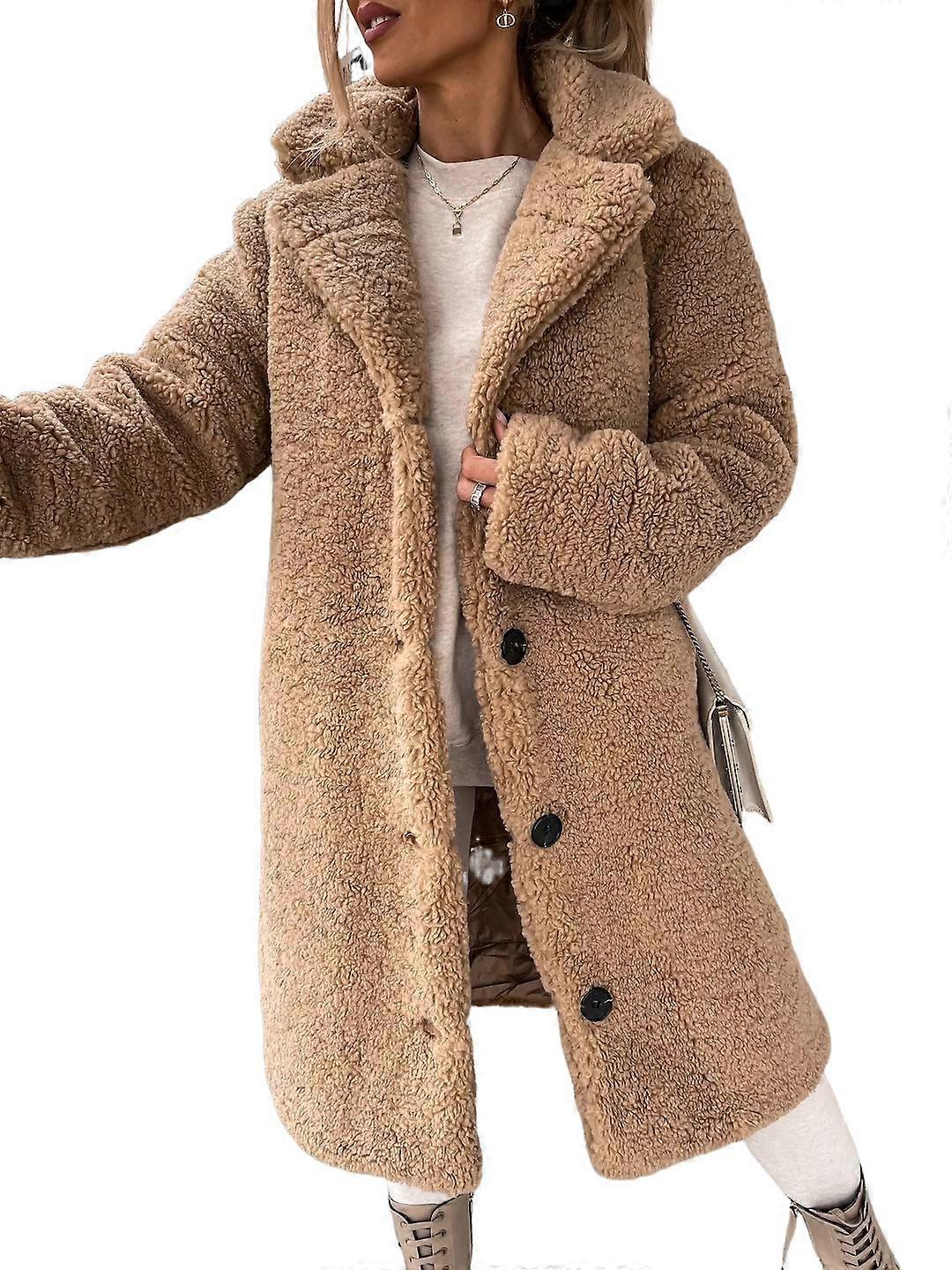 Cașmir elegant navetist cald toamnă/iarnă femei pufos cu mânecă lungă rever femei pluș top lung palton S-5XL