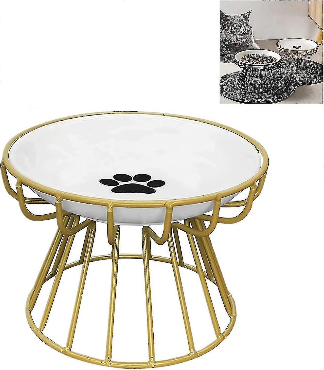 لوحة القط المضادة للتقيؤ الصديقة للشعيرات ، وعاء القط الخزفي المرتفع مع حامل معدني ، طعام وماء مضاد للتقيؤ طبق سيراميك ضحل للقطط