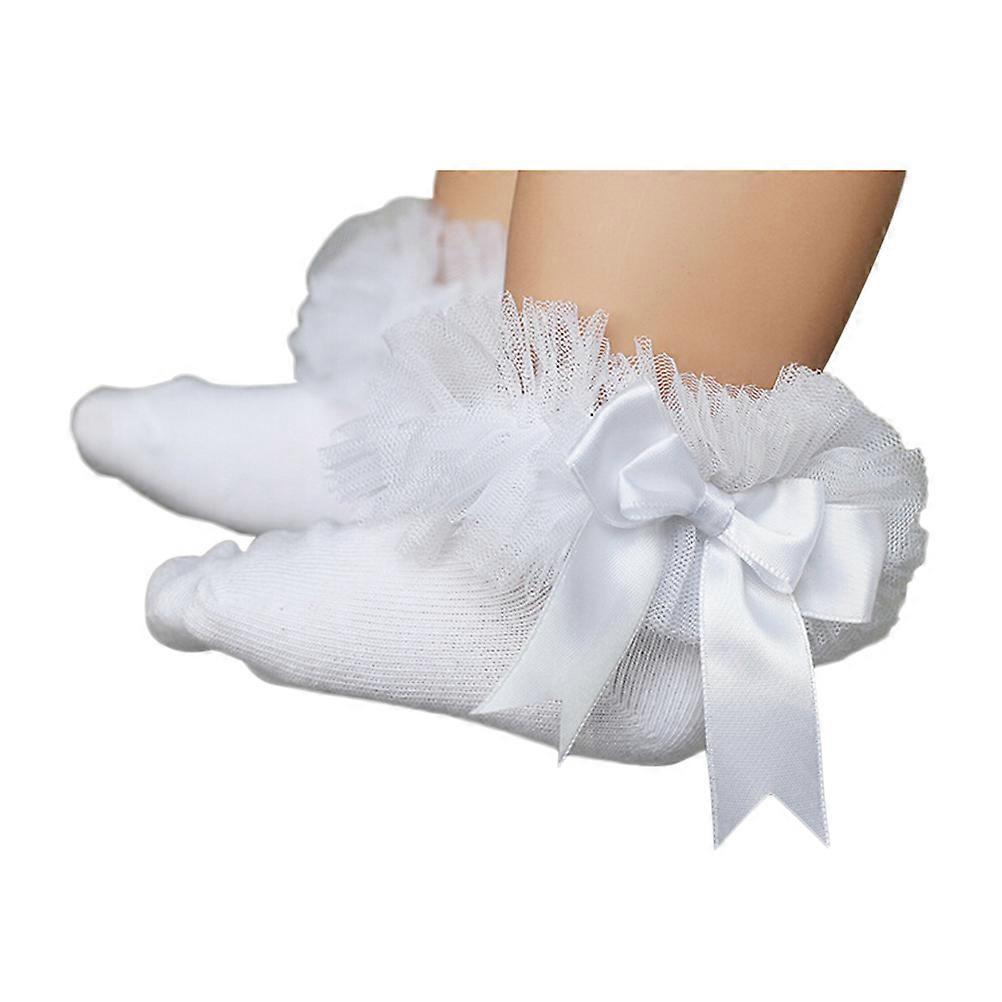 Baby Girls Lace Ruffle Frilly Mesh Ankle Socks Bowknot Cotton Short Socks Size S (White)