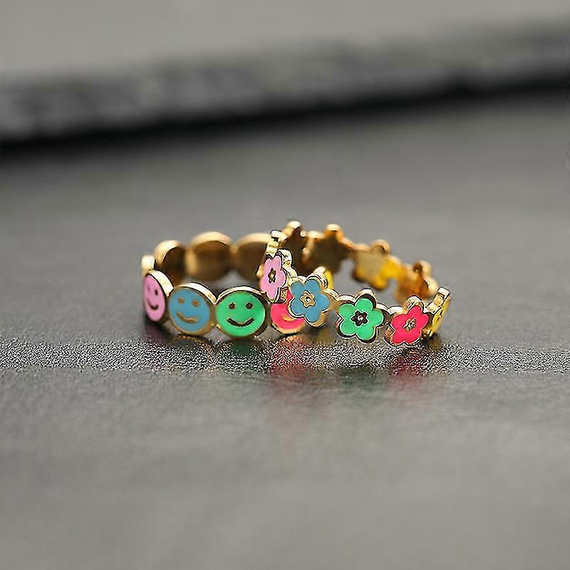 2PCS Colorful Daisy Flower Ring + Smile Ring Adjustable Open Ring