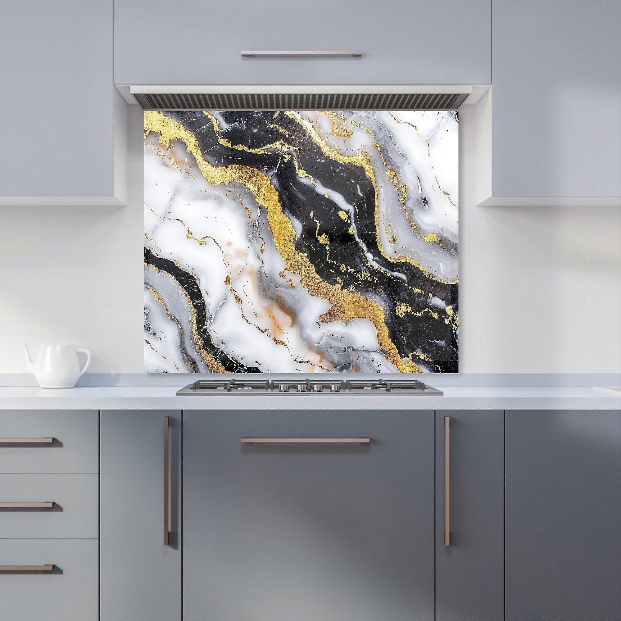 White Backed With Gold Marble Effect Kitchen Splashback