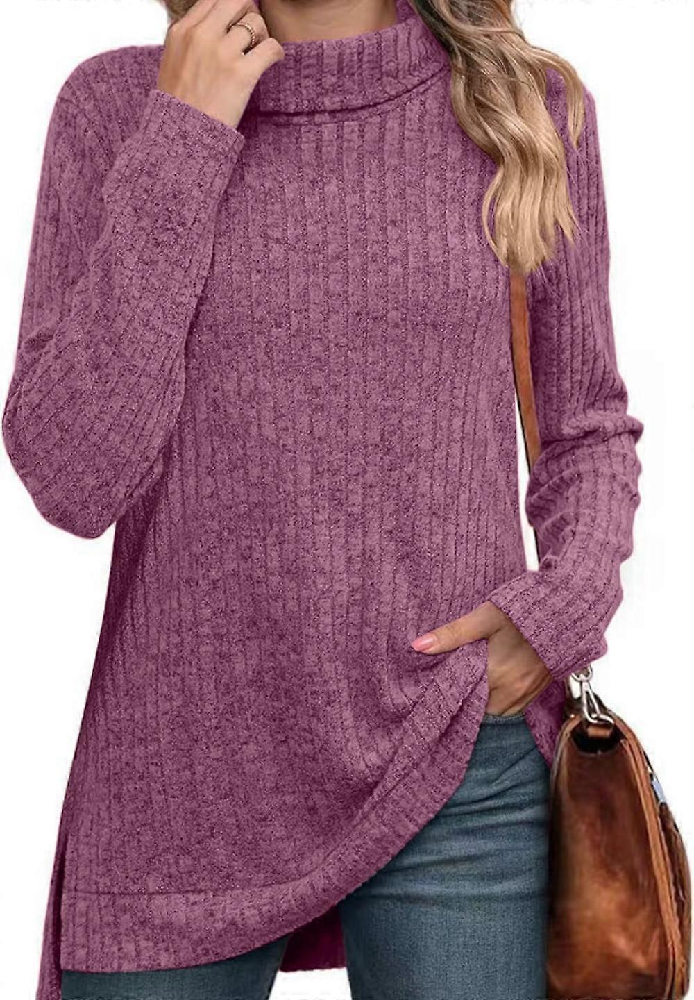 1PCS Einfarbiges Rollkragenpullover Loses T-Shirt-Lila-S