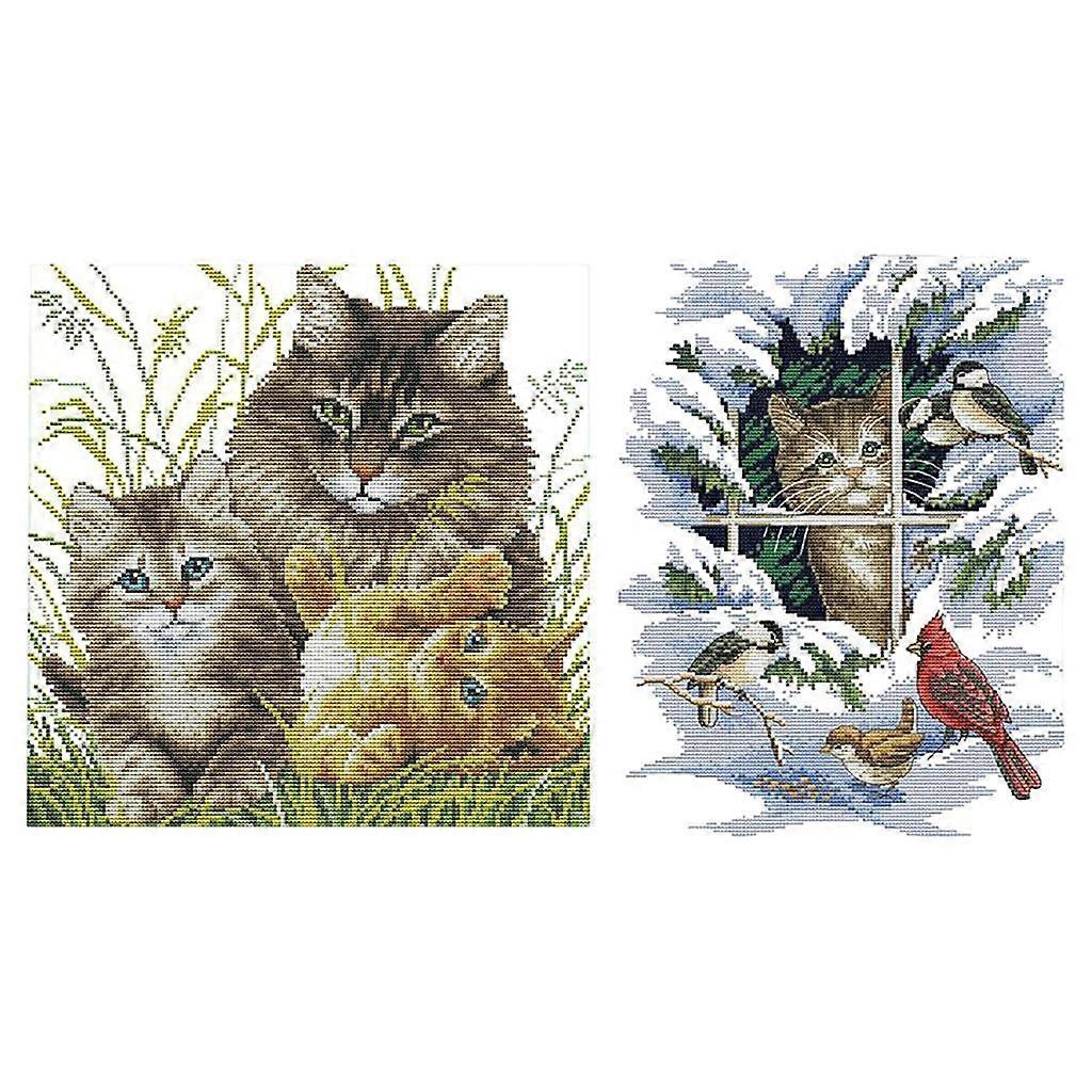 2Pcs DIY Needlwork Stamped Cross Stitch Embroidery Kit - Cat Pattern