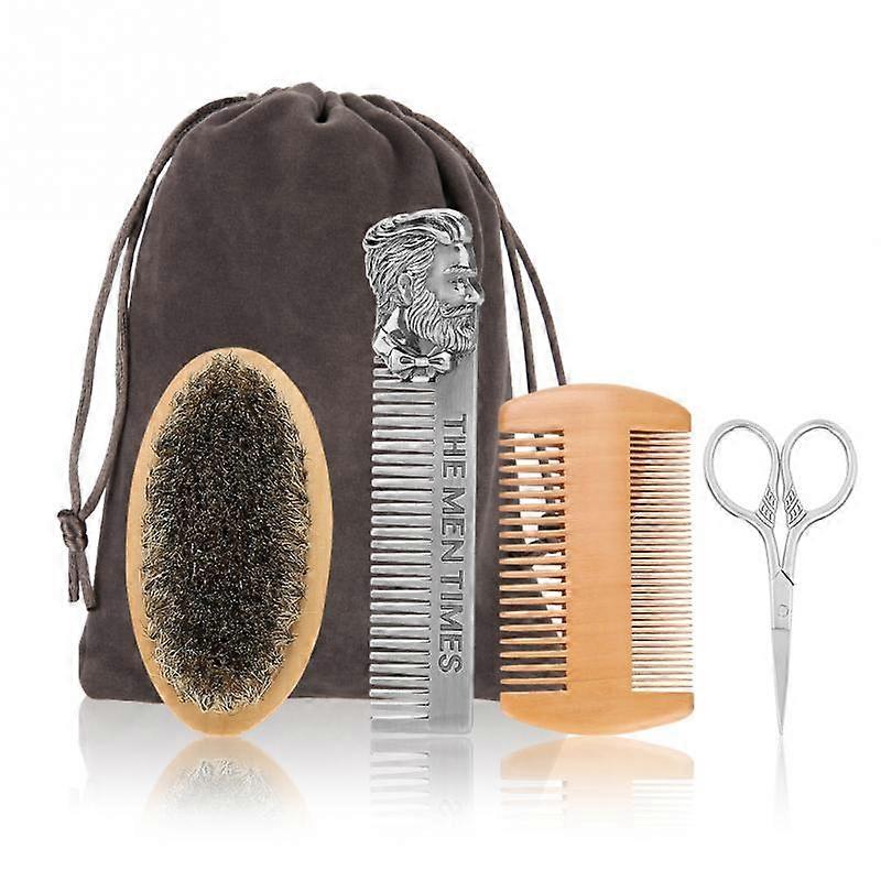 4Pcs Beard Brush Set Double-sided Styling Comb Scissor Repair Modeling Professional Men's Cleaning Care Kit