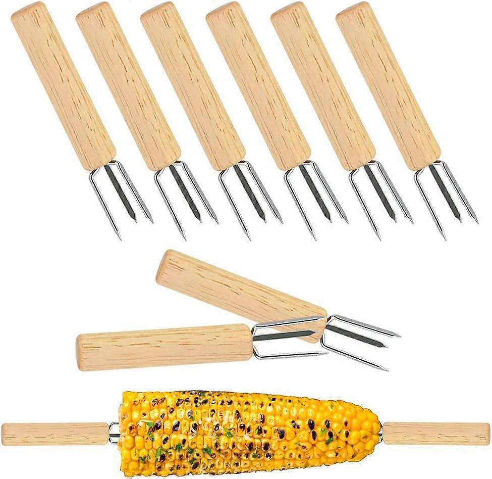 2025 Latest Model Fruit Fork 3-Prong Corn Skewer with Wood Handle Rustproof Corn Pick BBQ Barbecue