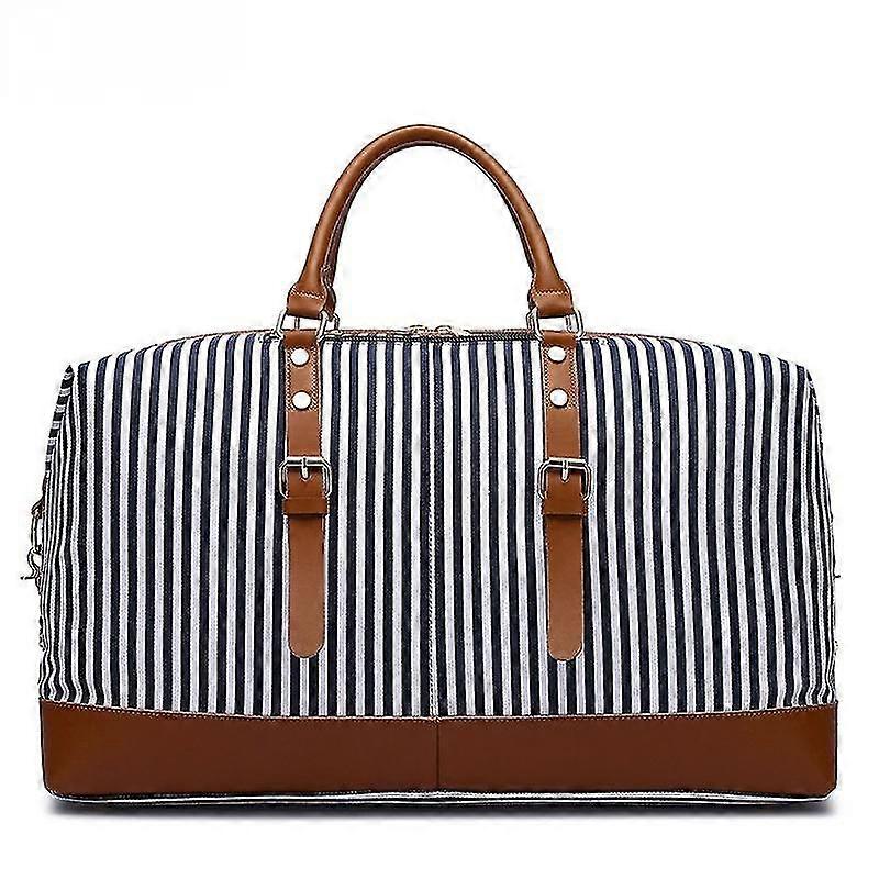 大容量キャンバストラベルダッフルトートバッグホールドオールウィークエンドオーバーナイトトラベルバッグハンドバッグ、女性と女性のためのショルダーストラップ付き(ブルーストリップ)