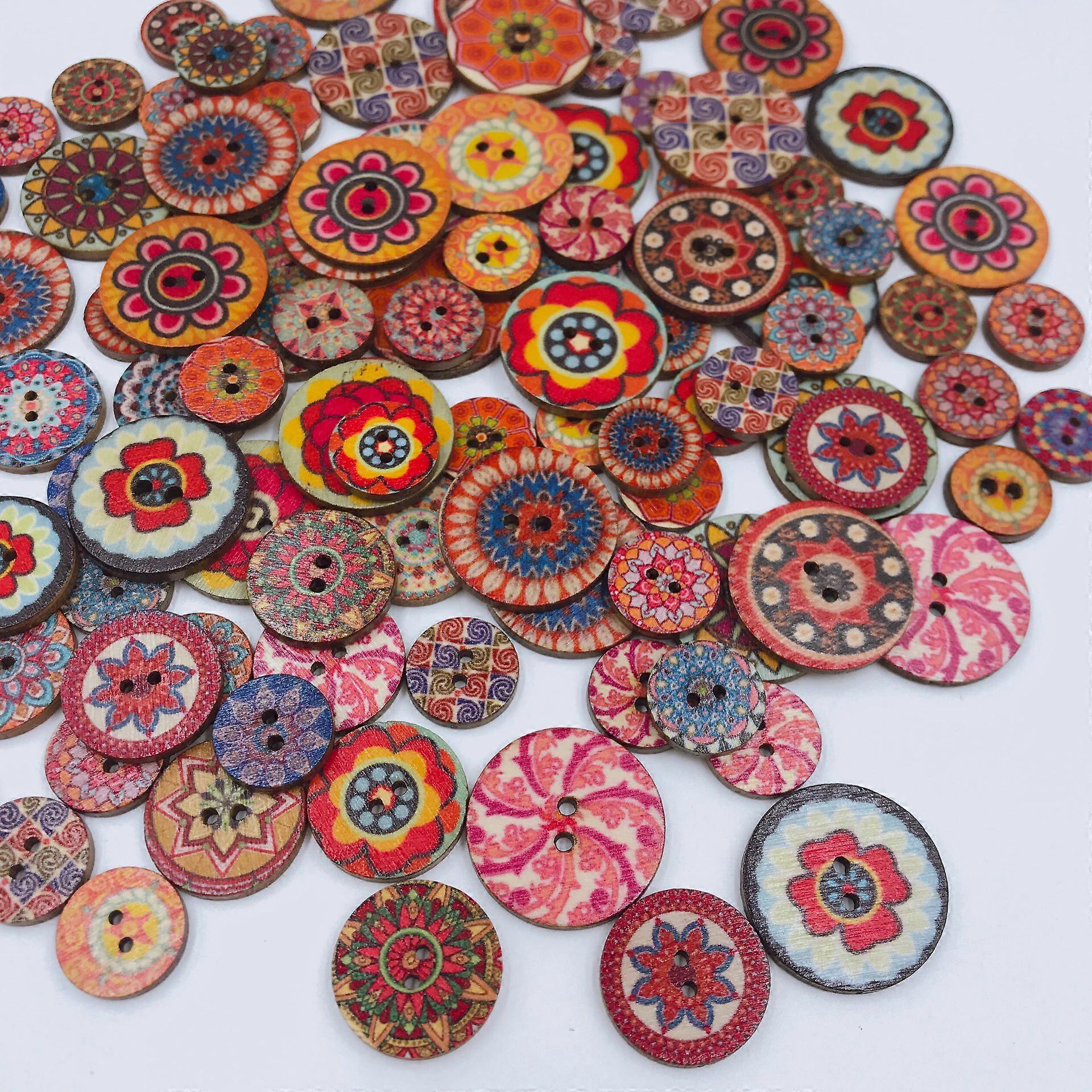 20mm100stk blandet tilfældig knap blomstermaleri runde former træ retro knapper Assorterede farver til DIY håndværk gør