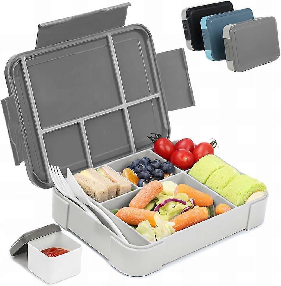 Lunch Box 1330ML, With 6 Compartments Cutlery,Leak Proof Lunchbox Snack Boxes for Kids Adult, Grey