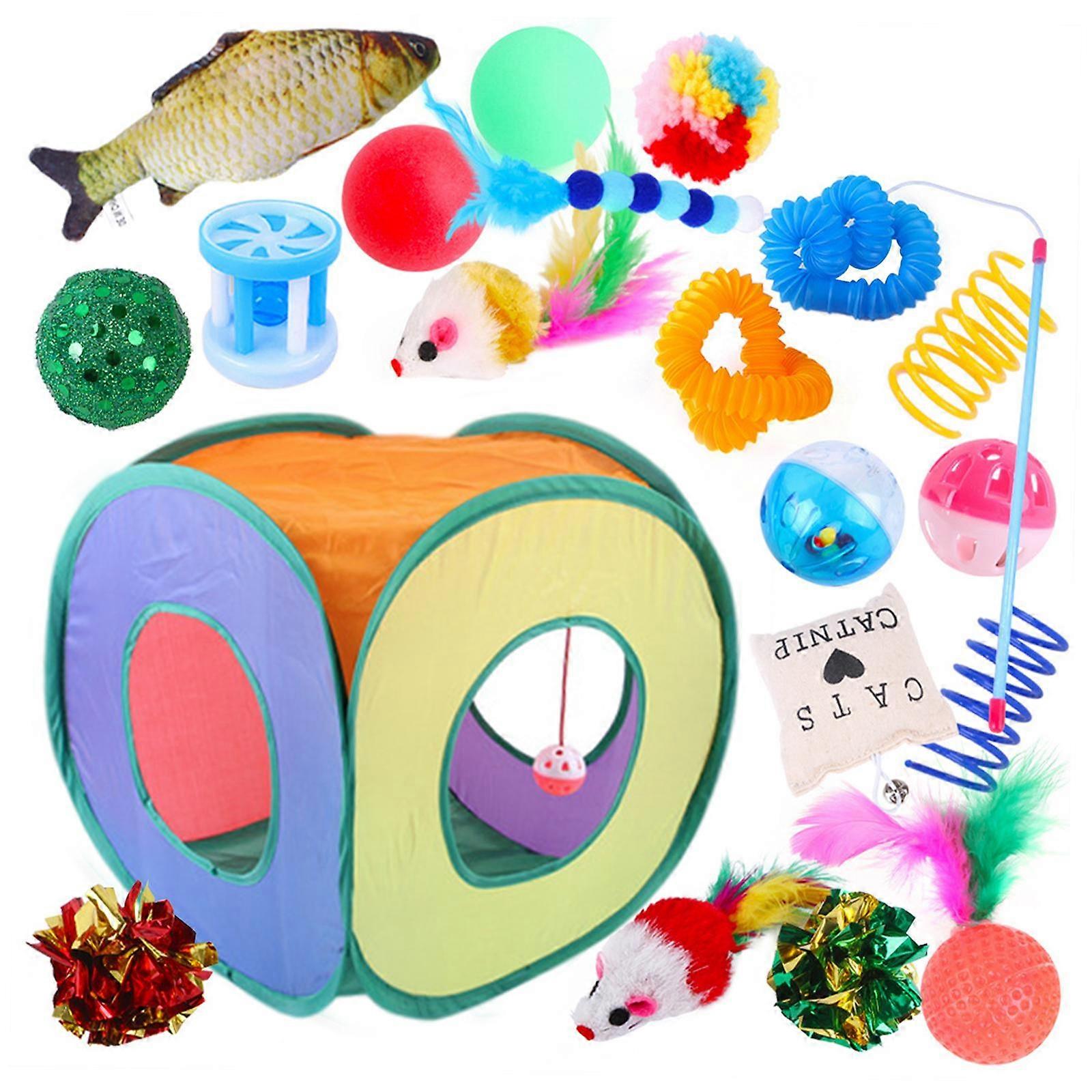 20 Pcs Interactive Cat Toys Set Cat Teaser Wand Bell Ball Mice Mouse Folding Tent Catnip Fish for Training Small Animals Kitty Ferret Rabbit