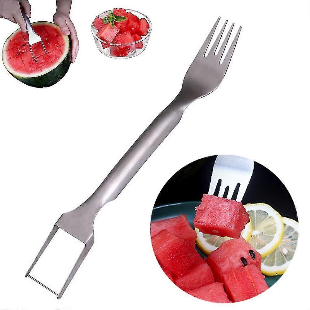 2-in-1 Dual Head Watermelon Fork Slicer, Stainless Steel Watermelon Slicer Cutter Fruit Cutting Fork, Portable Fruit Forks Slicer Knife