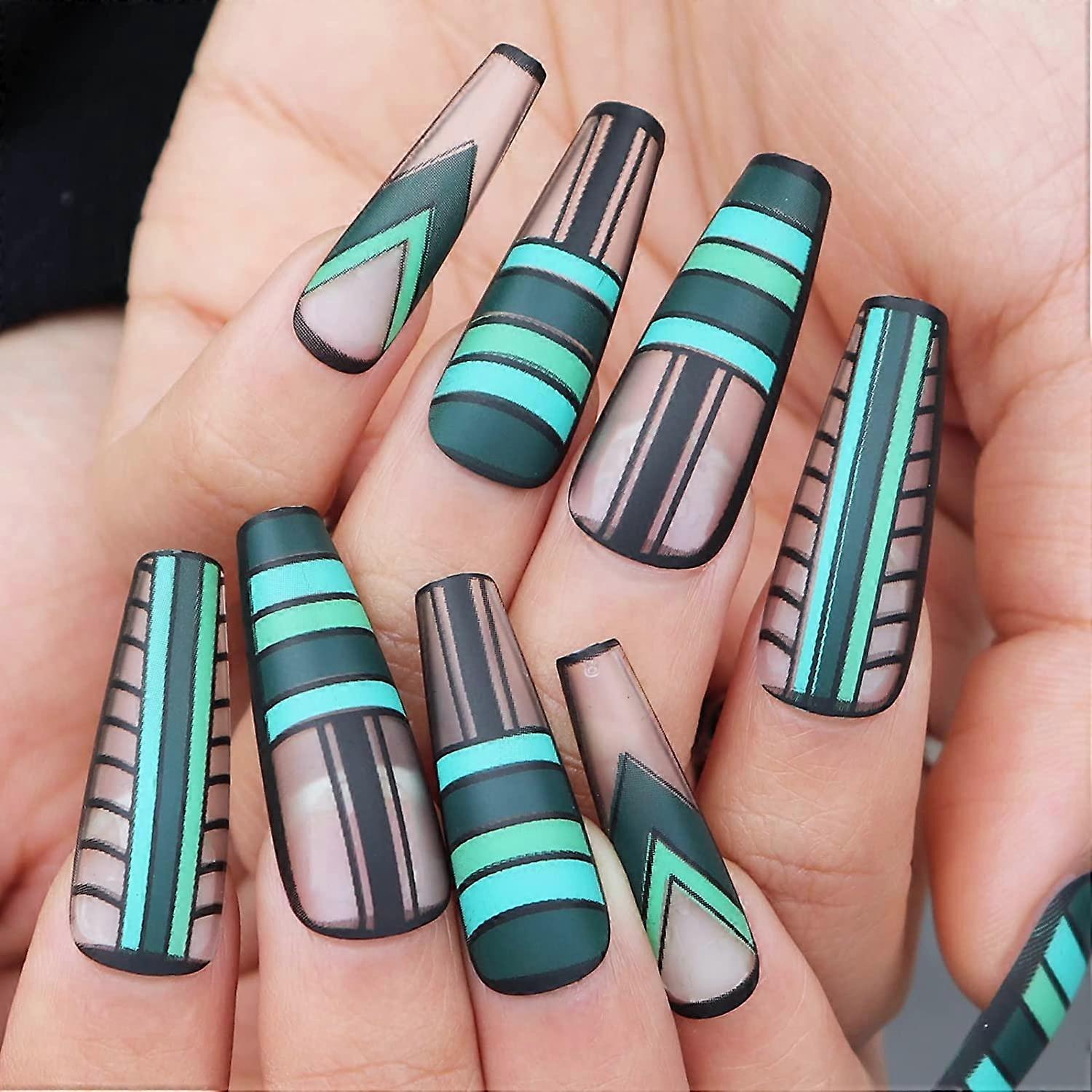 UBIUO Matte Press on Nails Coffin Clip on Nails with Geometric