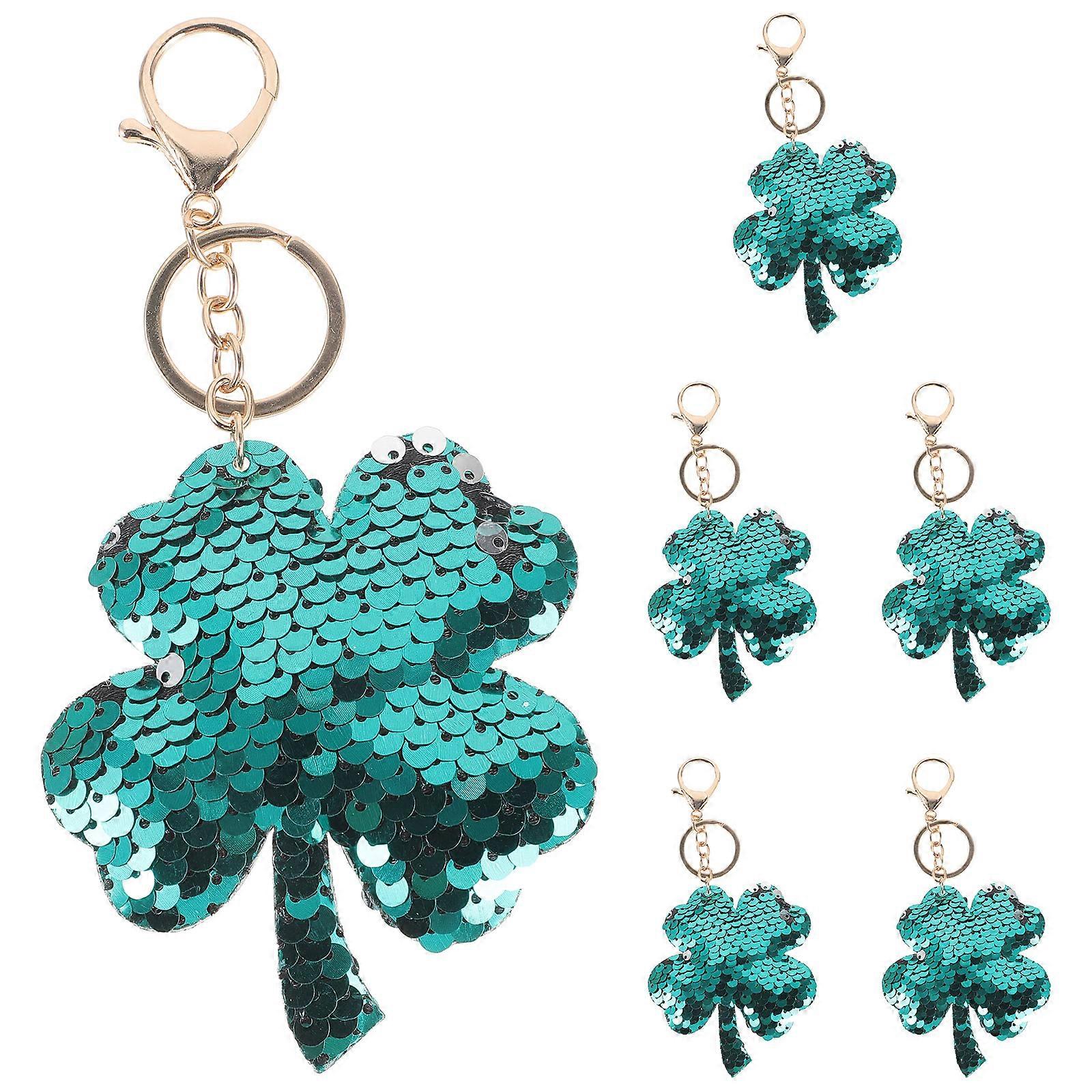 6pcs Hanging Key Ring Ornament Four Leaf Clover Keychain Creative Sequins Keychain Decor (Green)