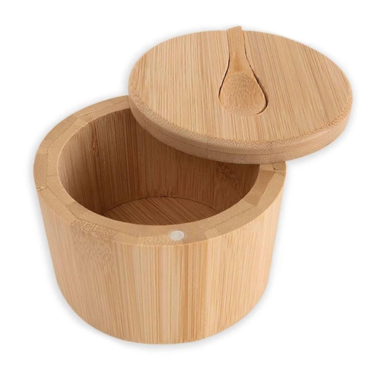 Salt box with magnetic twist lid container and small wooden spoon, salt spice storage box
