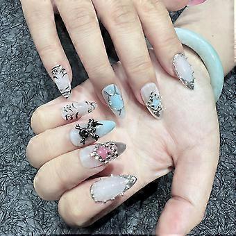 Punk Embossment Press on Nails Kit Full Cover Star Point Stick on Nails for Women Girls Manicure DIY