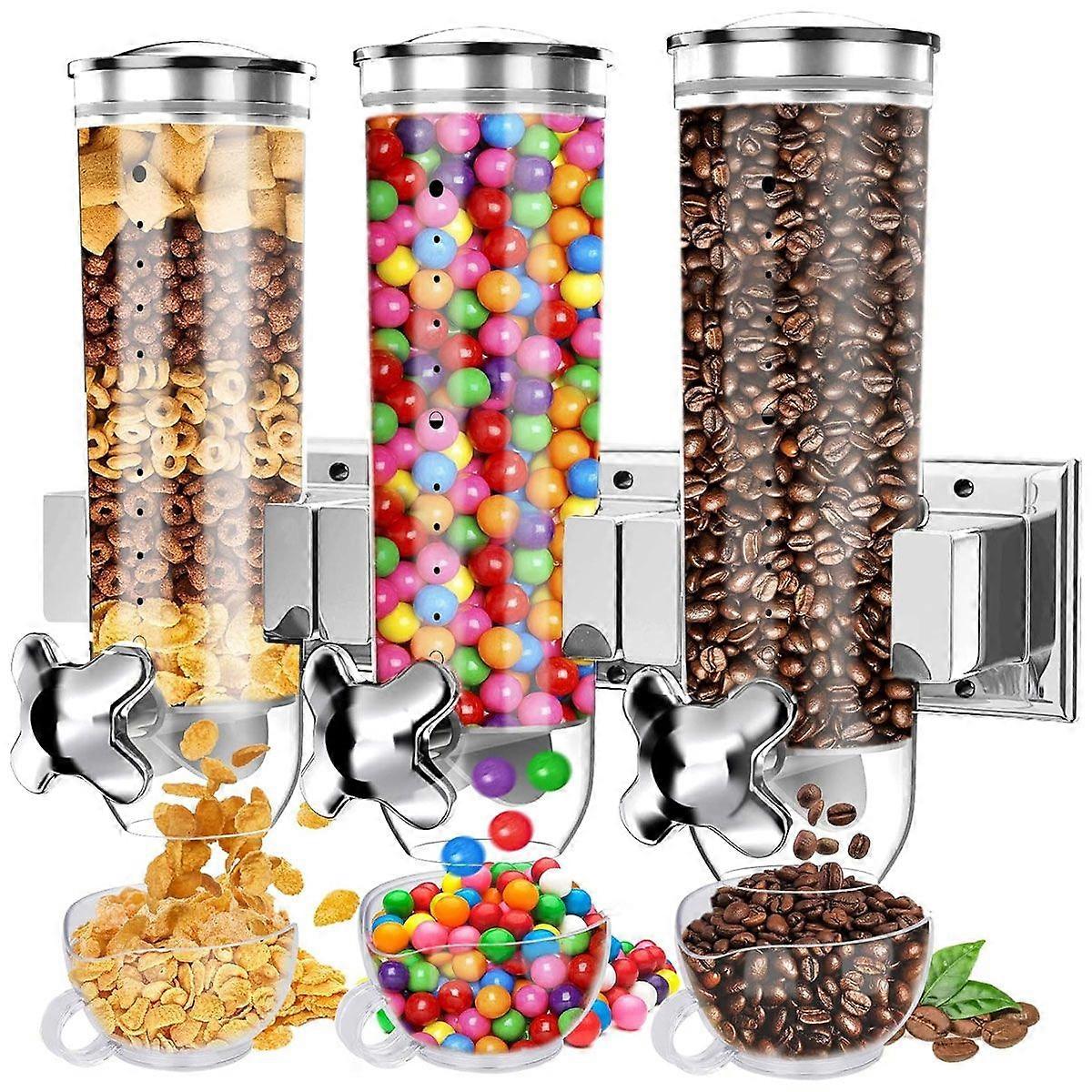 Distributore di cibo triplo, distributore di cereali a parete, distributore di caramelle Distributore di cereali Contenitore da cucina con 3 tazze