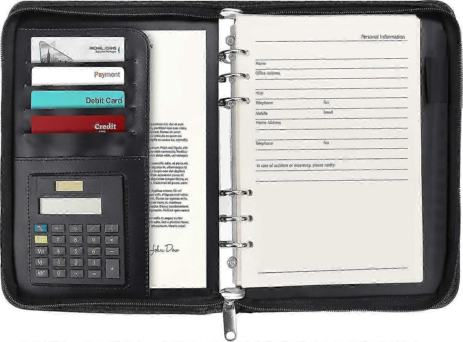 A5 Zipped Conference Folder - Black Personal/Work Organiser  - Business Travel Portfolio Folder with Ring Binder, Calculator, Refillable Notepad Pages