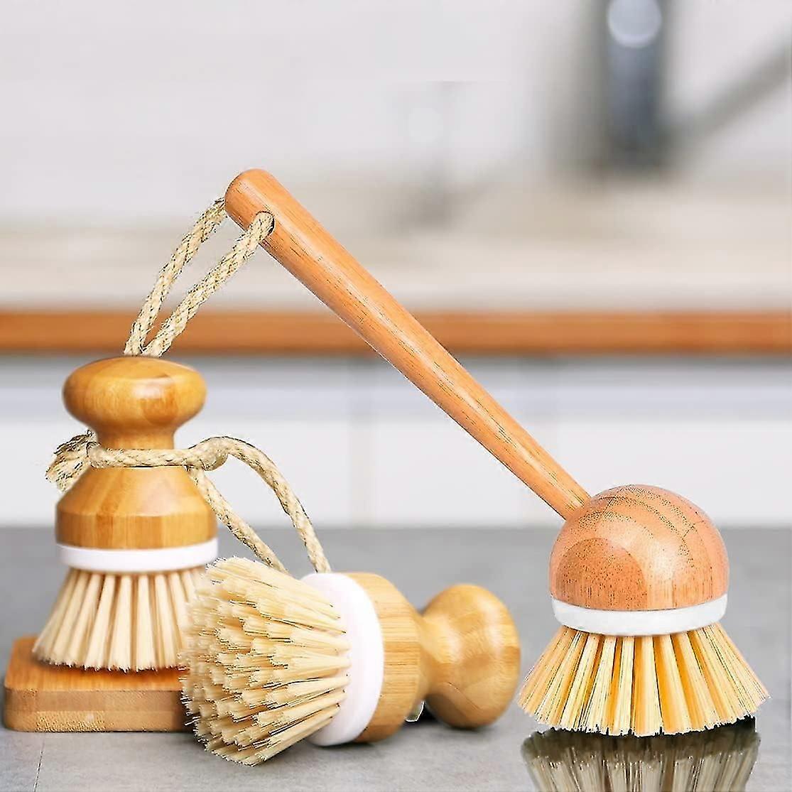 Wooden Cleaning Scrubbers - Set Of 3 Scrub Brushes Bamboo Dish For Pots Pans Kitchen Sink