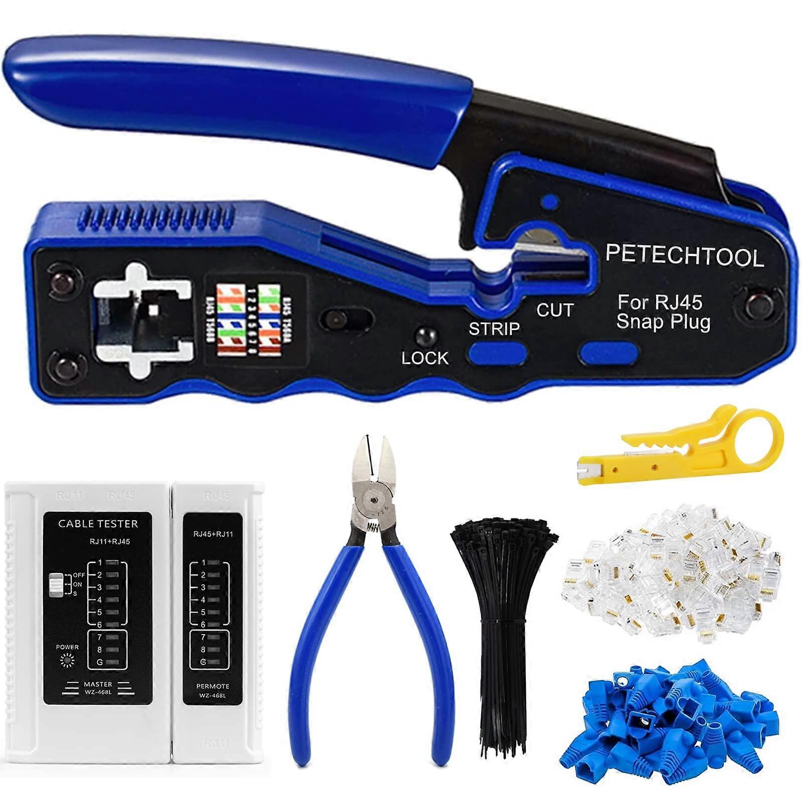 EZ RJ45 Crimp Tool for Network Installation with Wire Stripper, Modular Connector Compatibility, and Ergonomic Grip