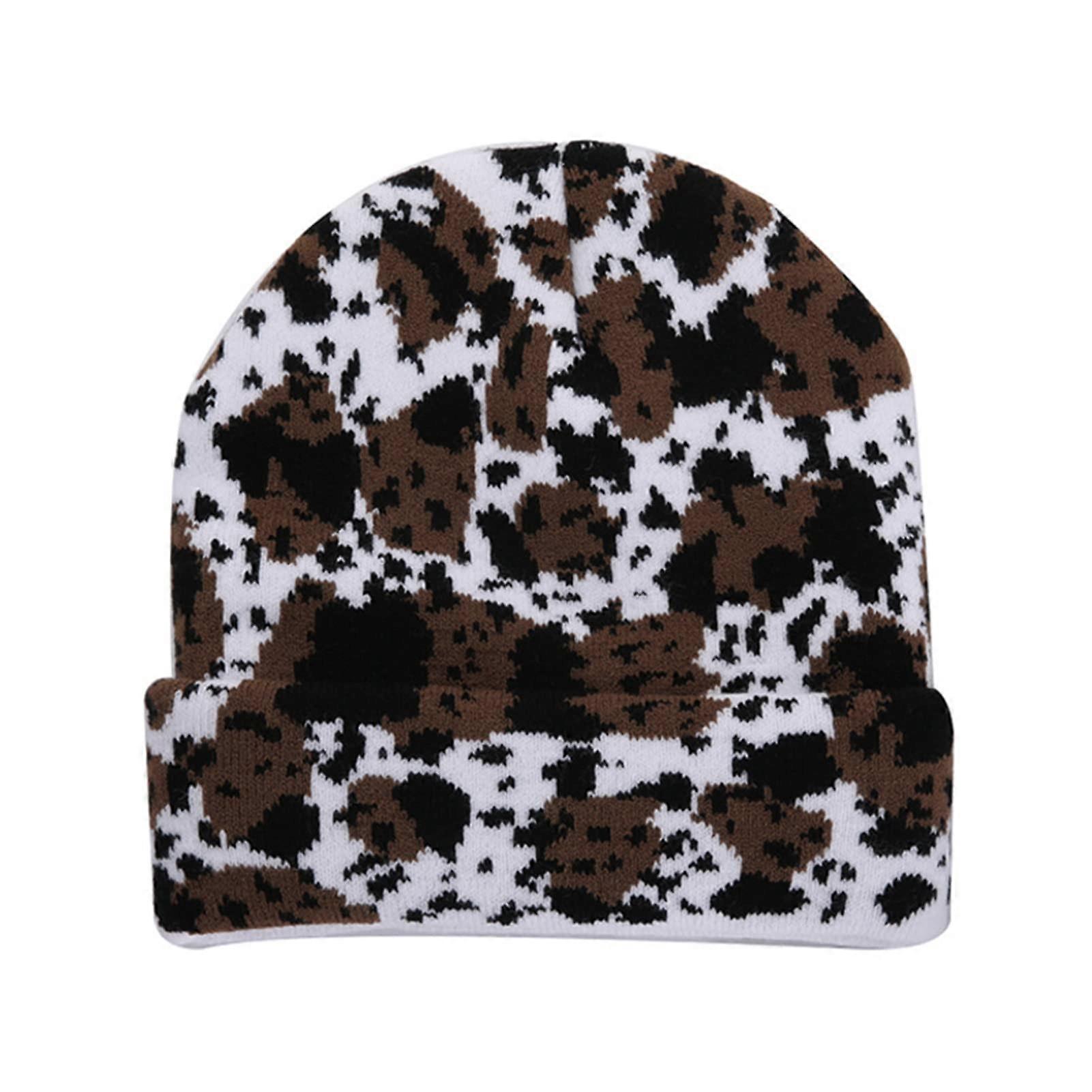 Warm 2-layered animal print knit beanie for winter