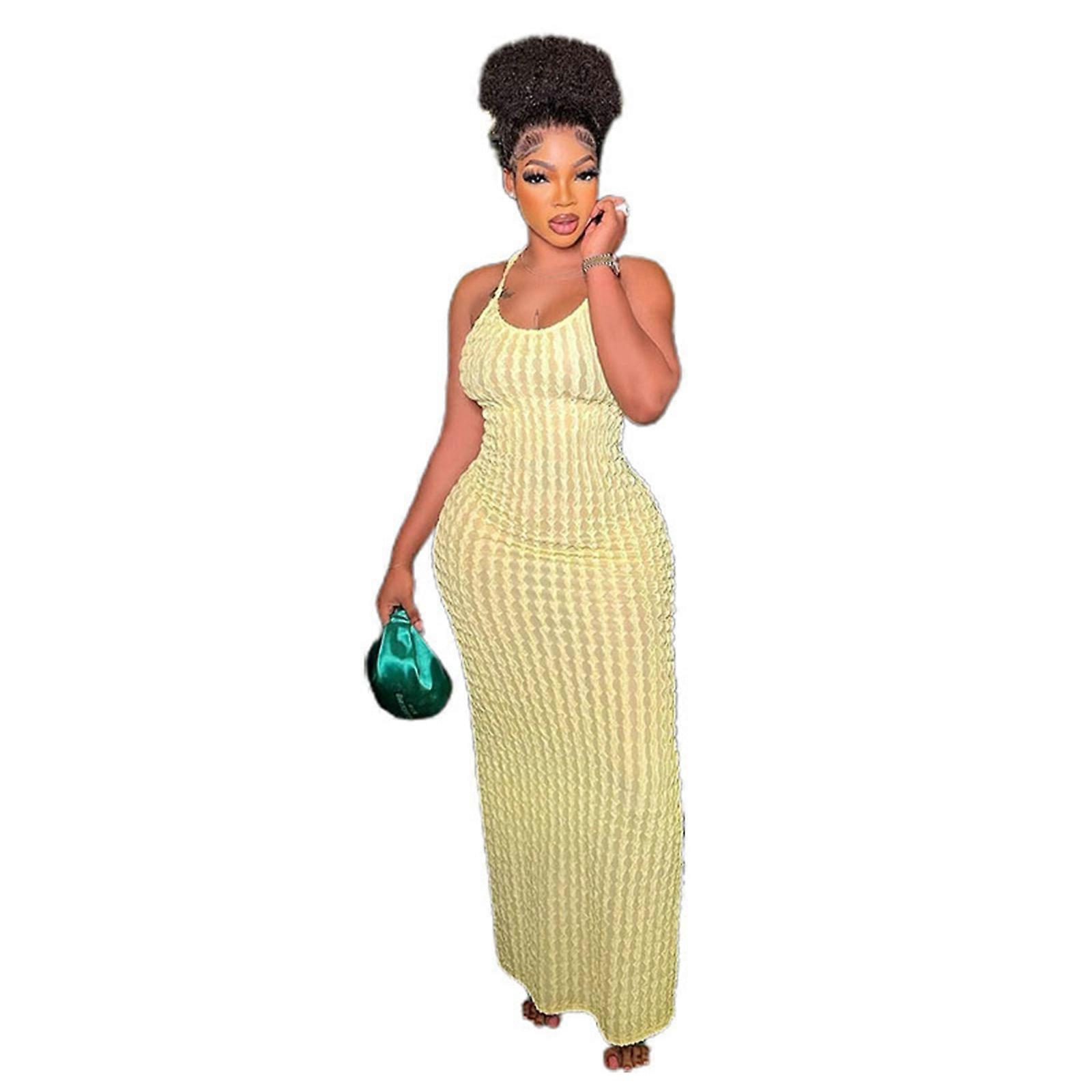 Kadın Bandaj Maxi Elbise Yığılmış Uzun Elbise Kolsuz Bodycon Wrap Spagetti Askı Bodycon Elbise Backless Bodycon Sarı S