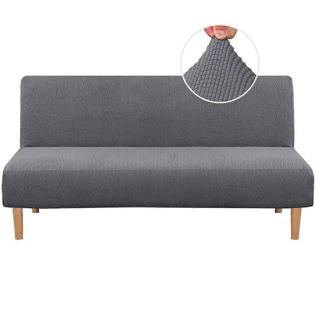 Armless Futon Cover Gray Stretch Sofa Bed Slipcover Protector High Spandex Jacquard Fabric Small Checks Machine Washable