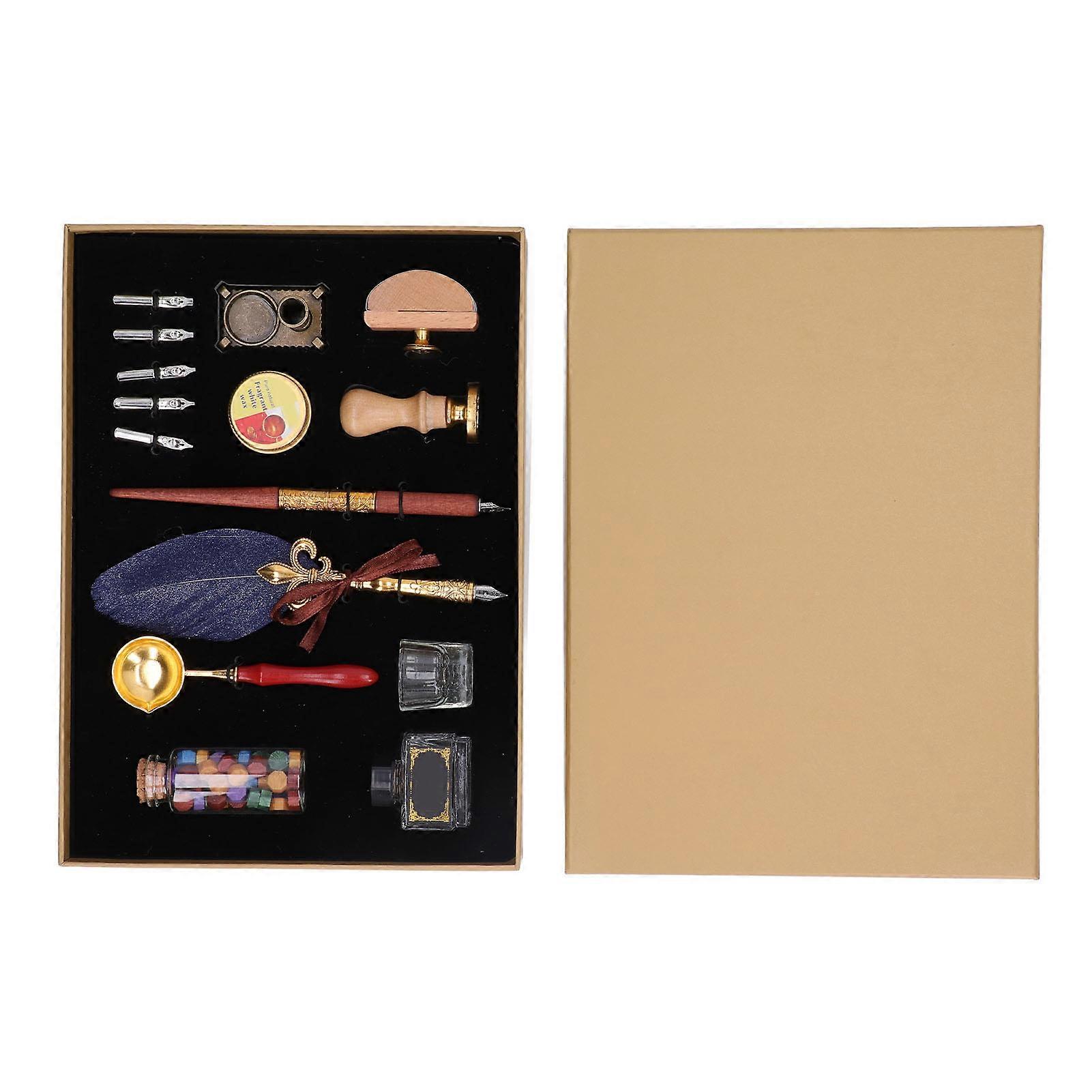 Quill Pen and Ink Set Vintage Elegant Glossy Writting Exquisite Colors Feather Pen and Ink Set with Sealing Wax