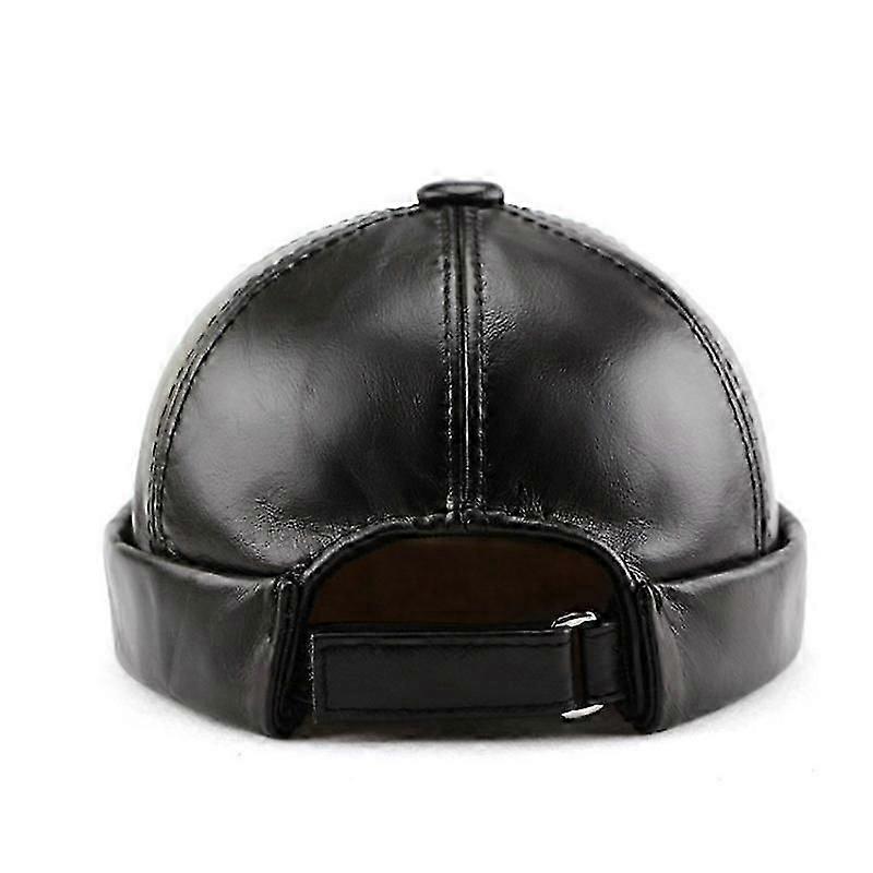 Men Genuine Leather Skullcap, Sailor Cap Hat Beanie Rolled Cuff Retro Brimless Genuine Leather Beanie Hat