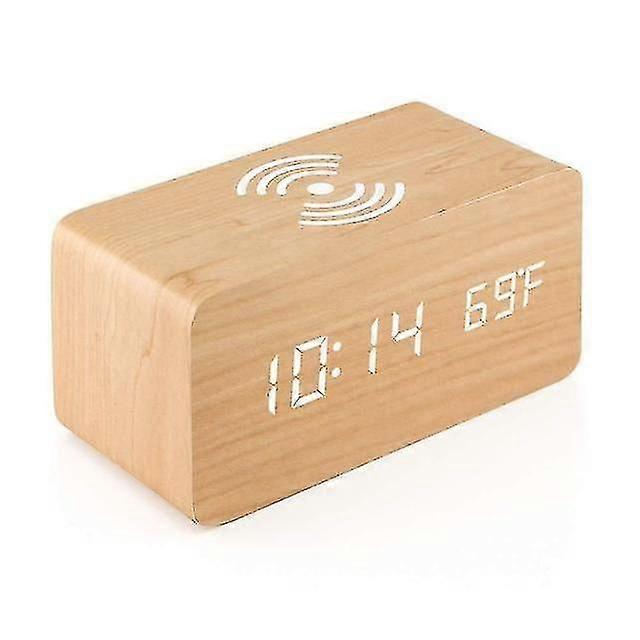 Wooden Digital Alarm Clock With Wireless Charging, Adjustable Brightness Dimming