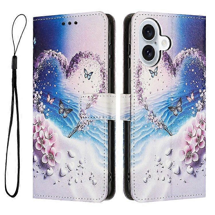 For iPhone 16 Plus Stand Case Pattern Printing PU Leather Wallet Phone Cover with Lanyard