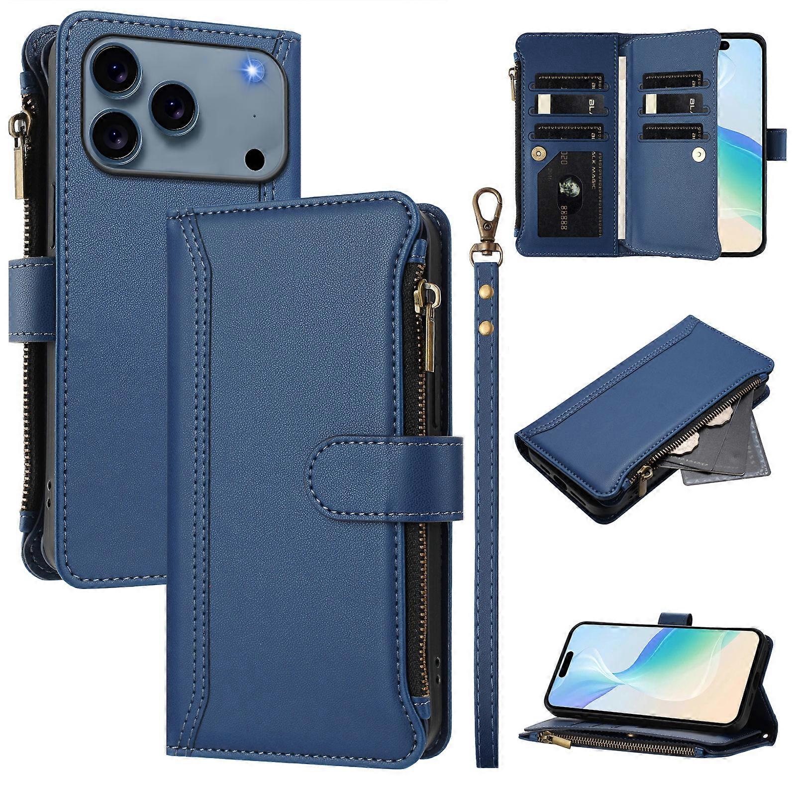Compatible For iPhone 17 Pro Max Leather Case 9 Card Slots Zipper Wallet Stand Phone Cover with Wrist Strap