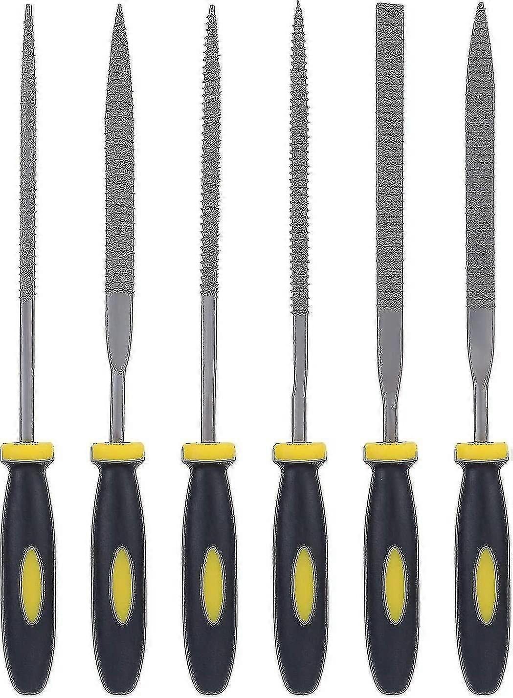 Set Of 6 Wooden Needle Files And Rasps With Soft Rubberized Handle With Different Shapes And Sizes For Carving On Wood