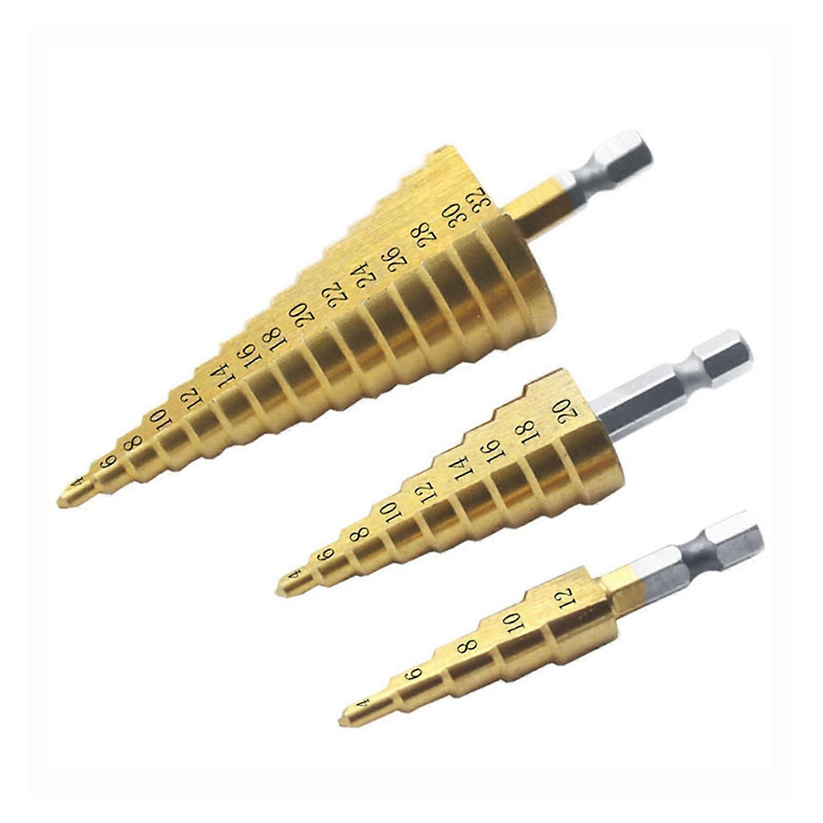 Coated Metal Hex Shank Core Drill Set 1/4 Inch HSS Step Drill 3 Piece 4–12/20/32 mm Metric Cone Hole Cutter